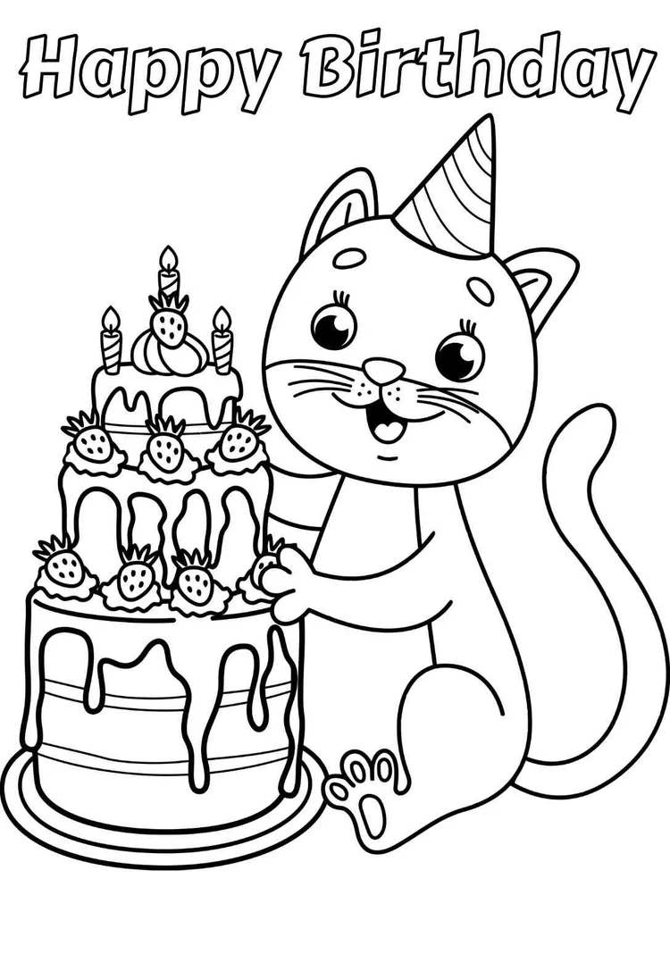 Free Birthday CAT Coloring Pages + printable cards (quick & easy ...