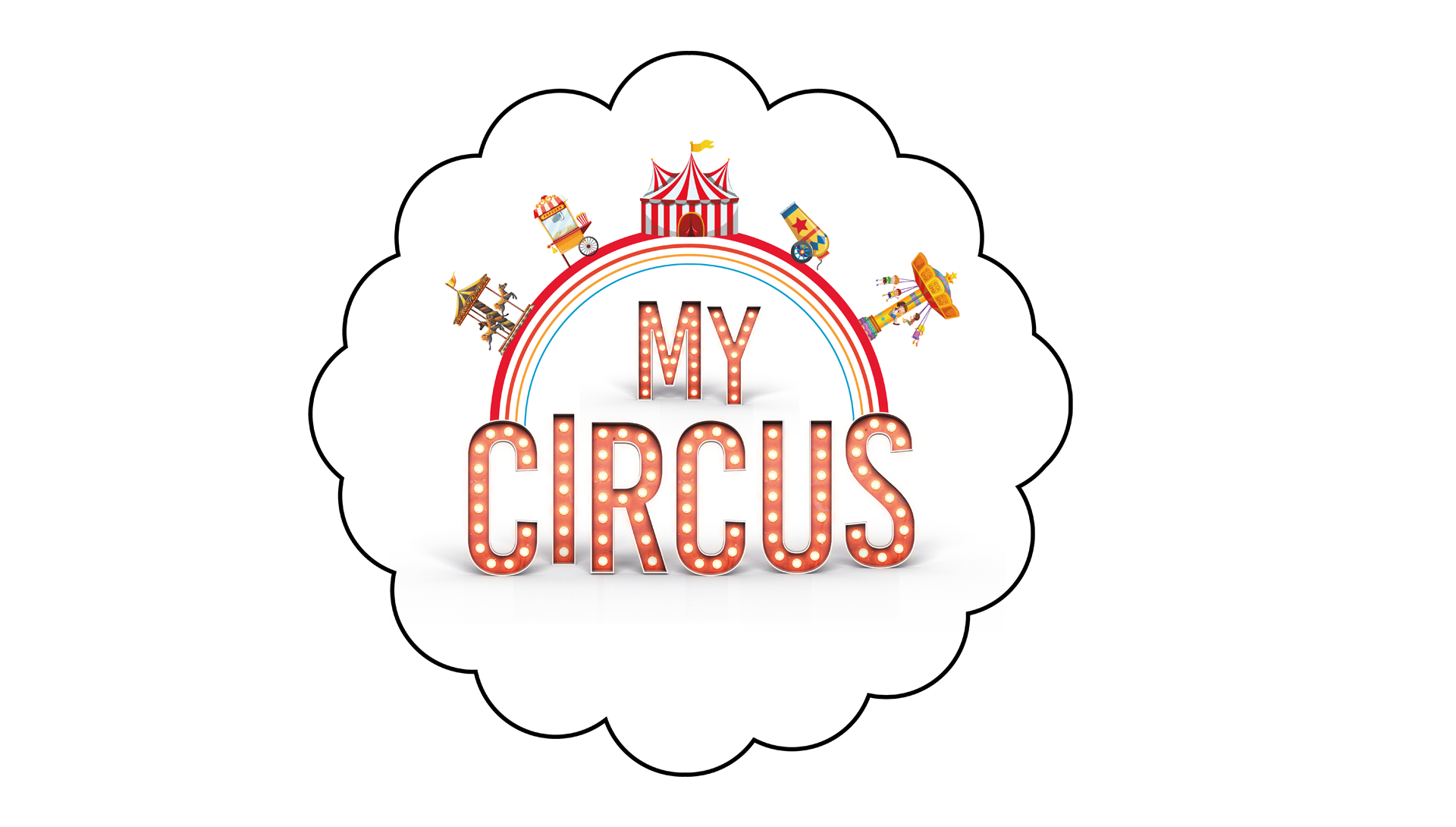 My Circus logo: marquee light-bulb letters under a rainbow arch topped with a circus tent and fairground rides, inside a cloud-shaped badge.