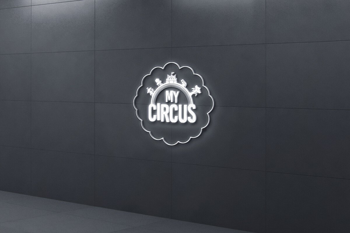 My Circus logo mounted on a dark wall.