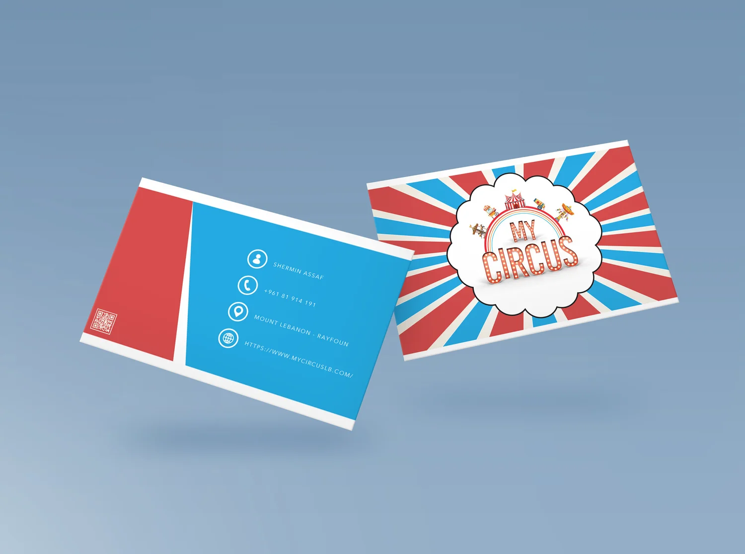Red, white and blue business cards with the My Circus logo.