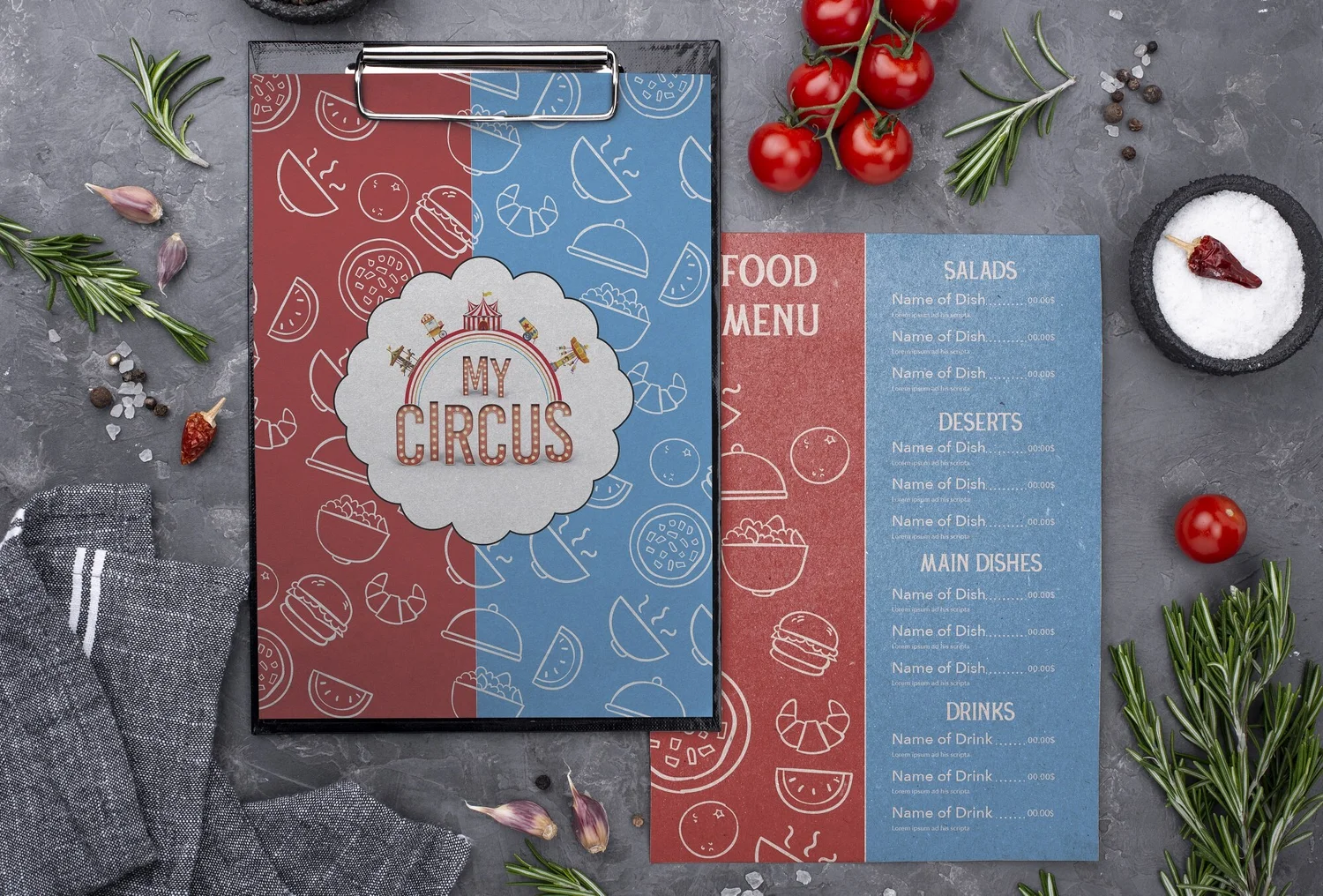 Red and blue patterned menu with the logo.