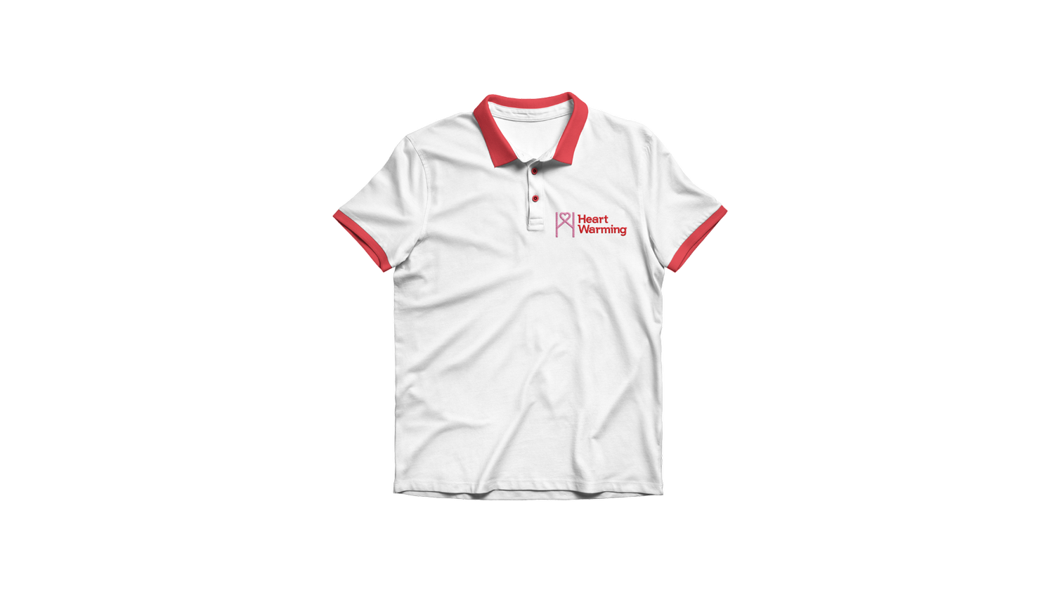 White polo shirt with red trim and the logo on the chest.