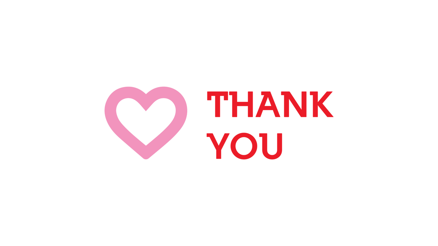 Thank-you card with a pink heart and bold red type.