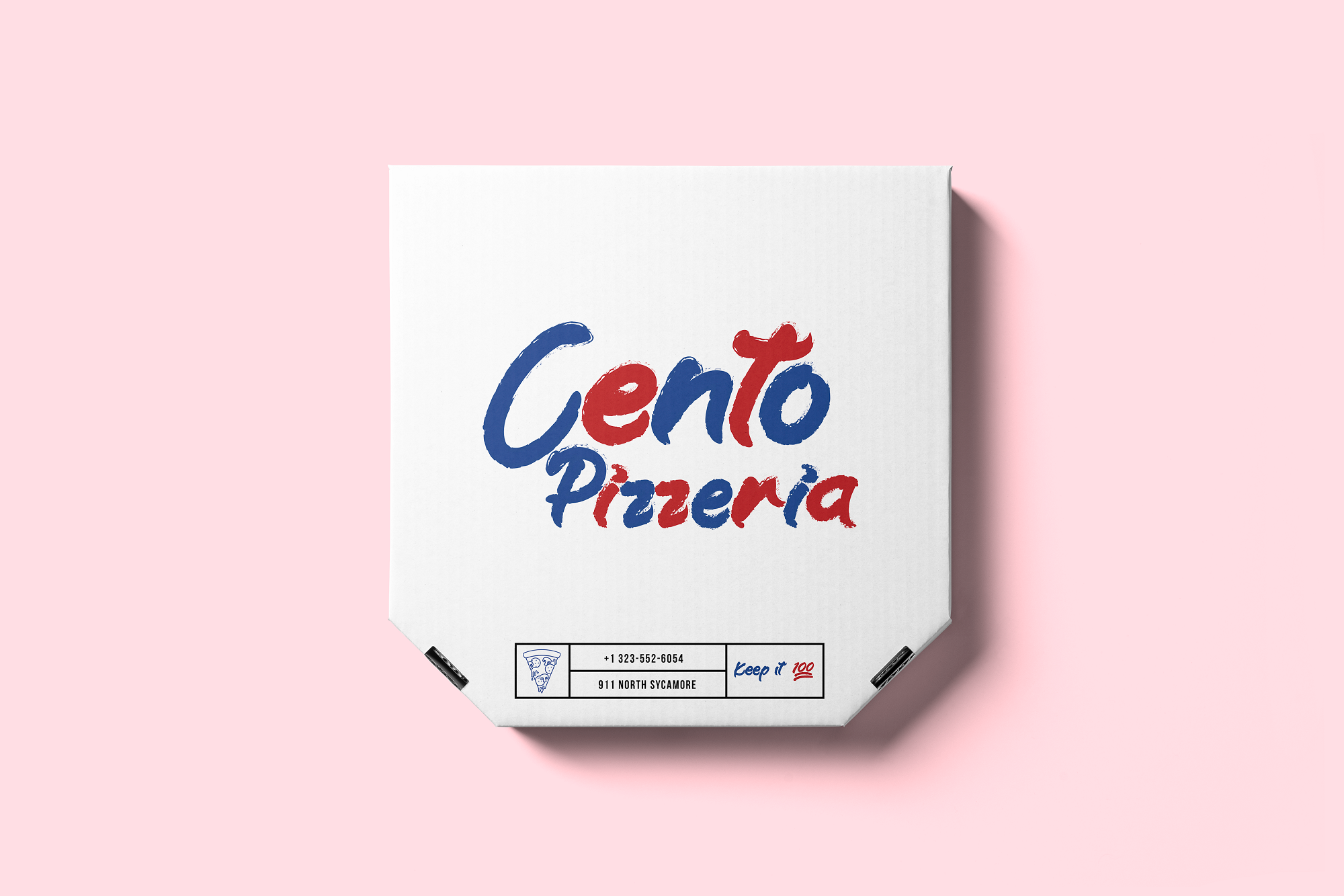 Cento Pizzeria logo in red and blue script on a white pizza box against a pink background.