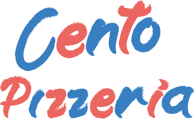 The Cento Pizzeria logo: “Cento” in blue brush script over “Pizzeria” in red.
