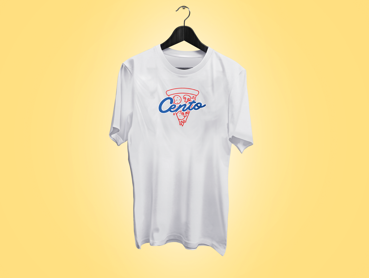 White T-shirt with the Cento logo on the chest, on a yellow background.