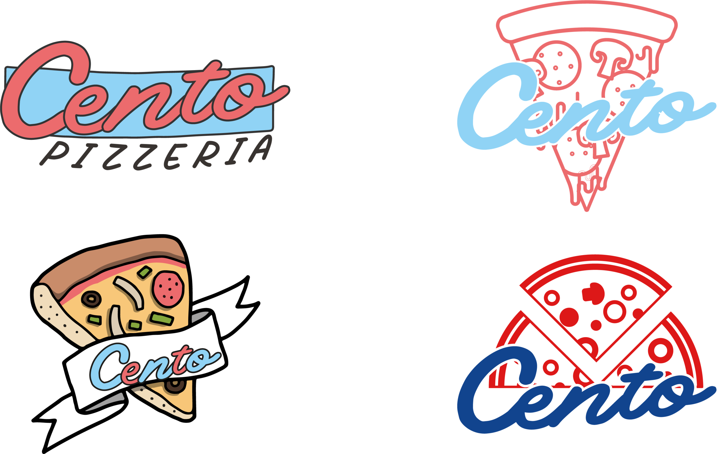 Earlier logo explorations: script wordmarks, a pizza-slice badge and a ribbon lockup.