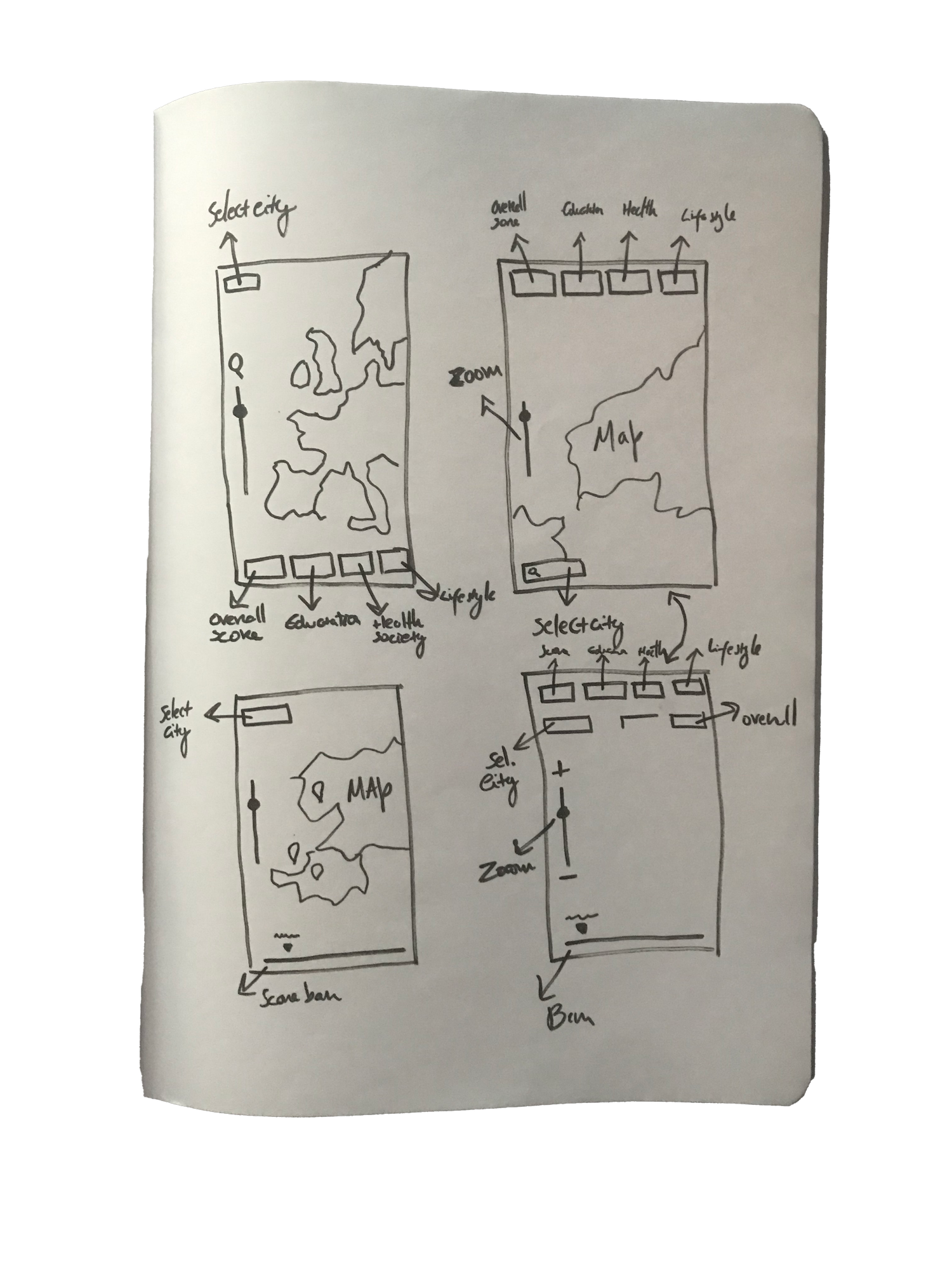 Hand-drawn sketch of the interactive map layout on paper.