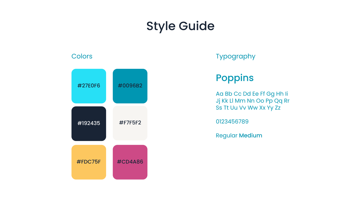 Style guide with the colour palette and Poppins typography scale.