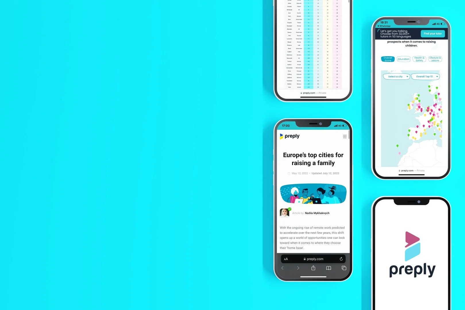 Three phone mockups on a cyan background showing the responsive Preply map and ranking.