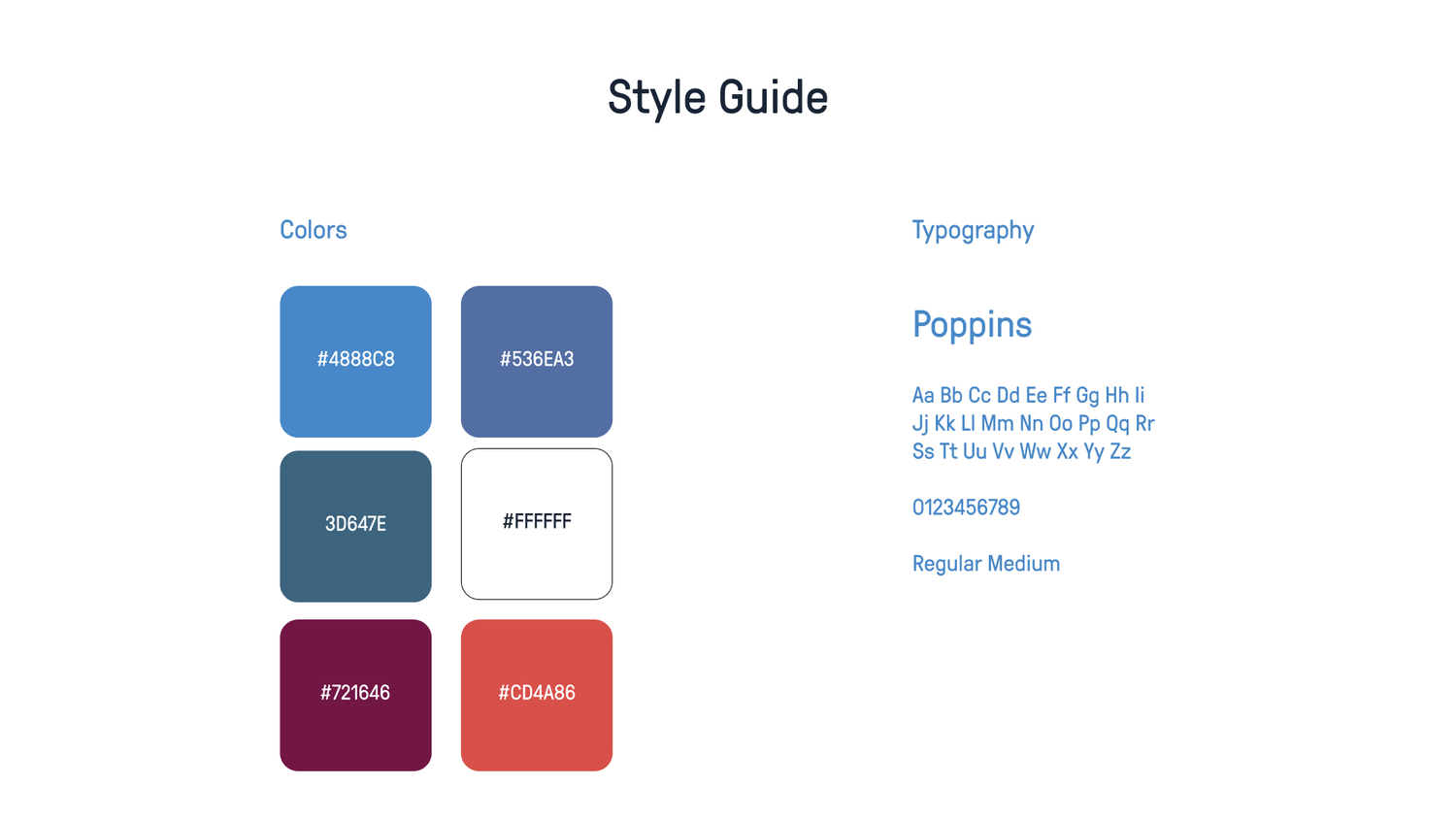 Style guide showing the colour palette and typography.