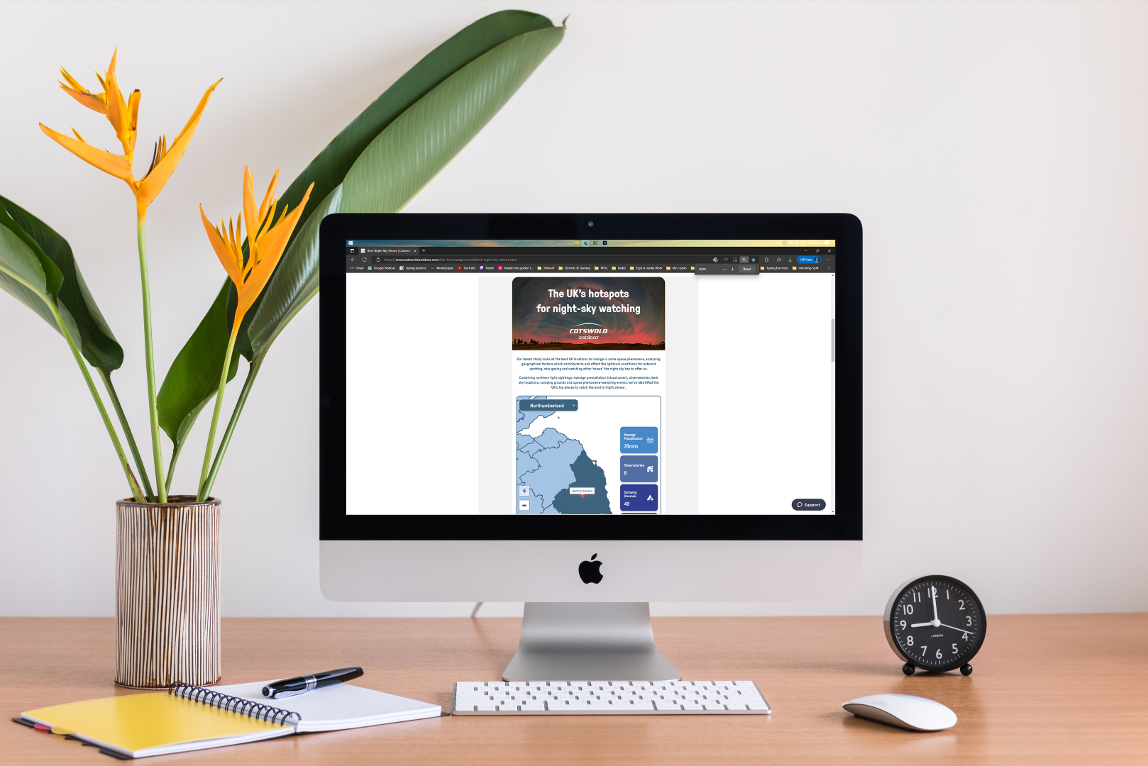Desktop mockup showing the Cotswold Outdoor night-sky guide with an interactive map of the UK.