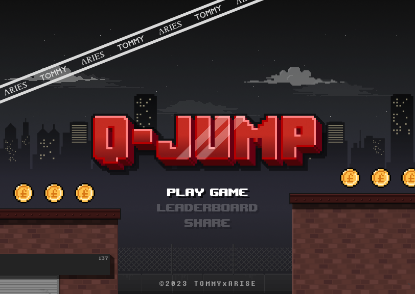 Q-Jump title screen: a pixel-art city street at night with the Q-Jump logo in red and a Play game button.