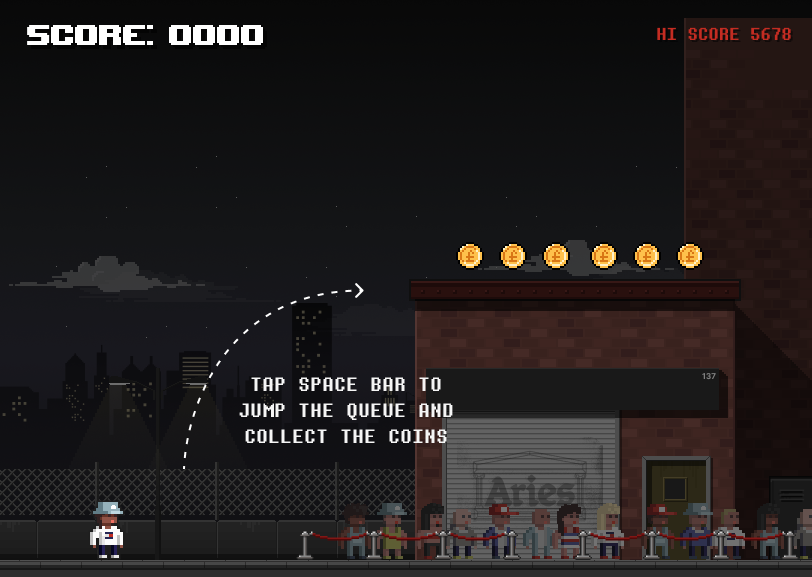 Instruction screen: a pixel-art street with coins to collect and a prompt to press space to jump.