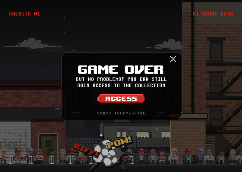 Game over screen in pixel art with the player’s score and a button to continue.