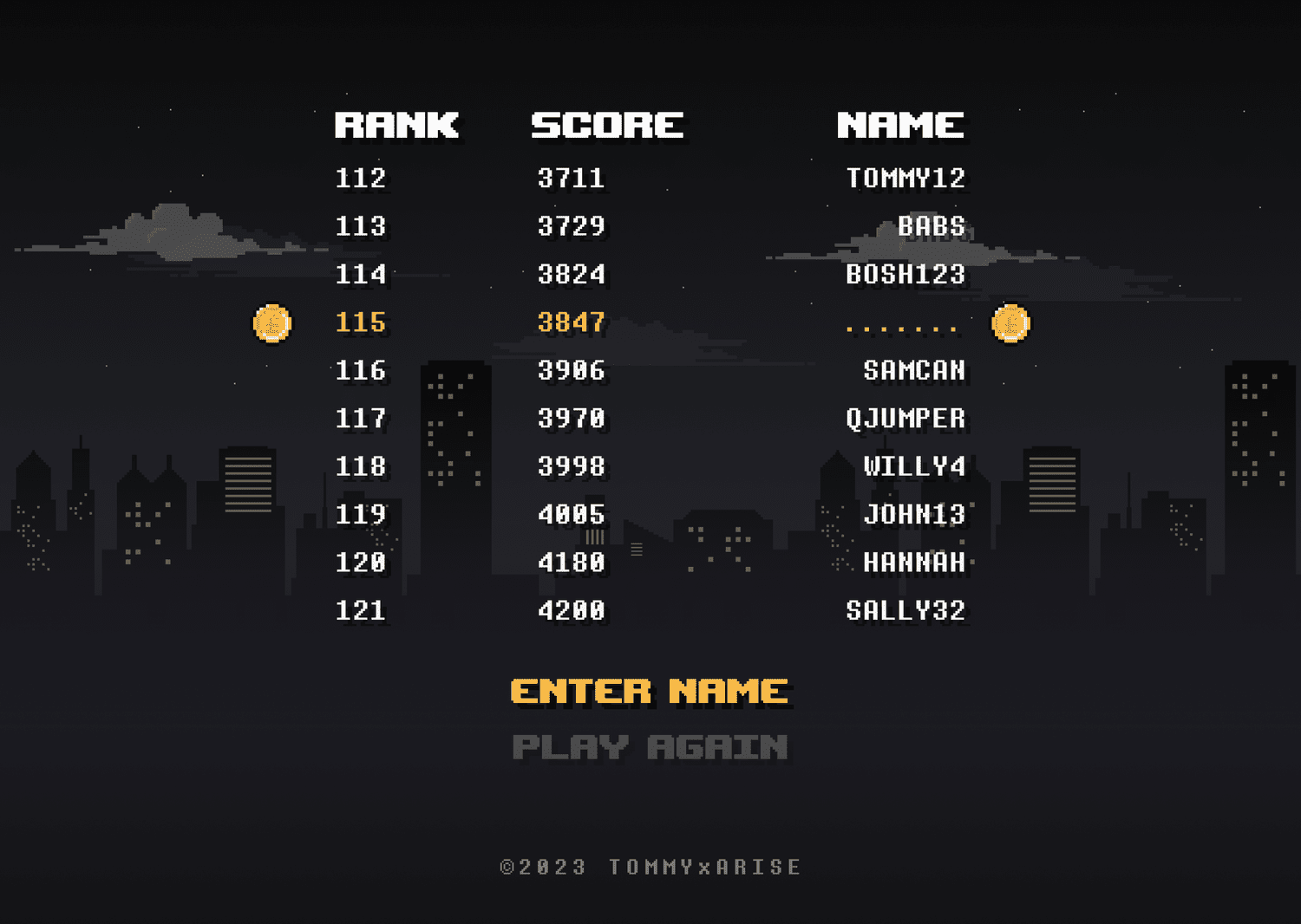 Leaderboard screen listing rank, score and name, with an Enter name field.