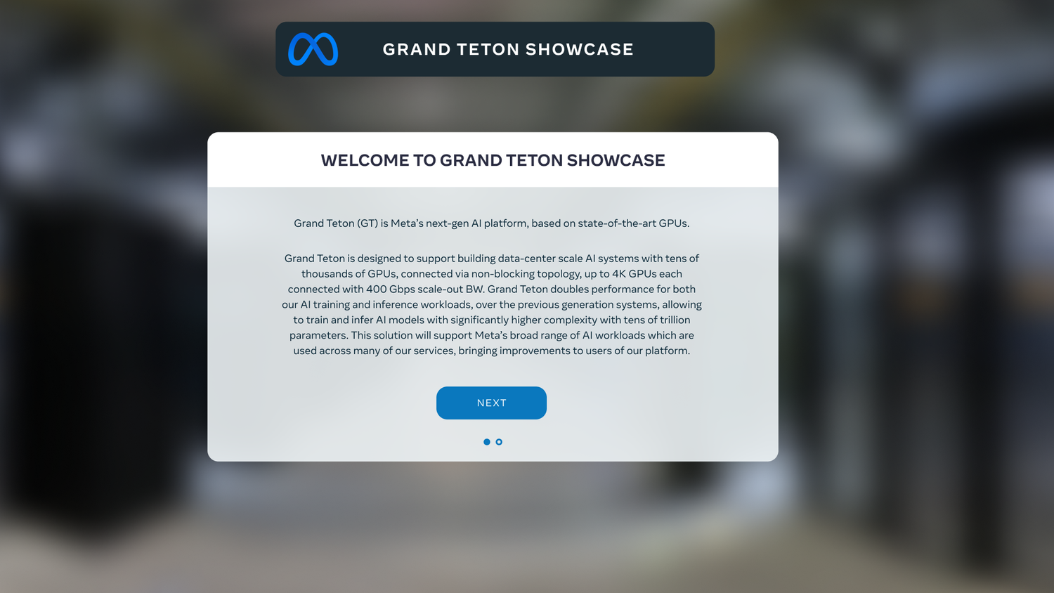 Welcome dialog introducing Grand Teton, Meta’s next-generation AI platform.