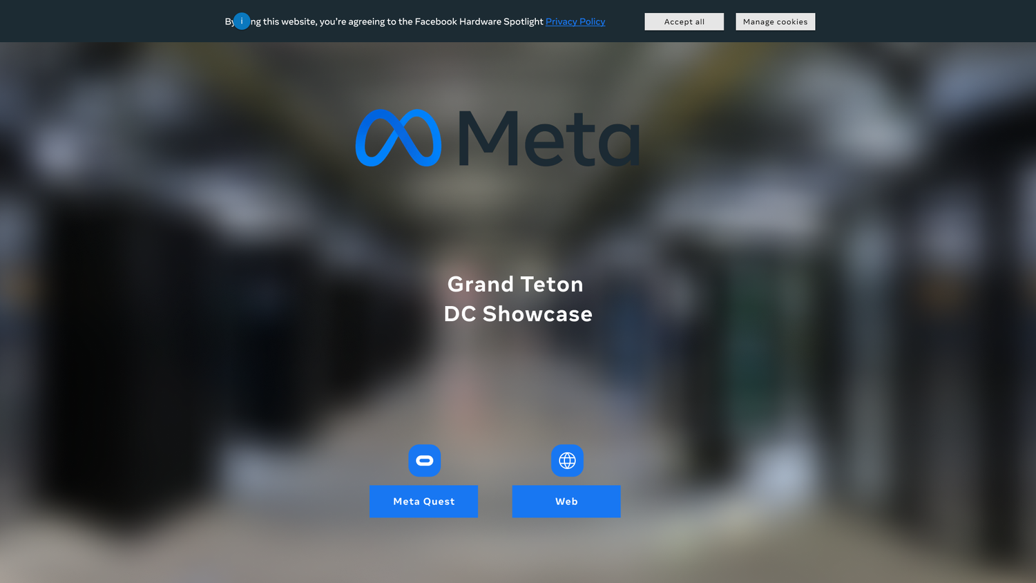 Start screen: choose to continue on Meta Quest or on the web, over a blurred data centre.