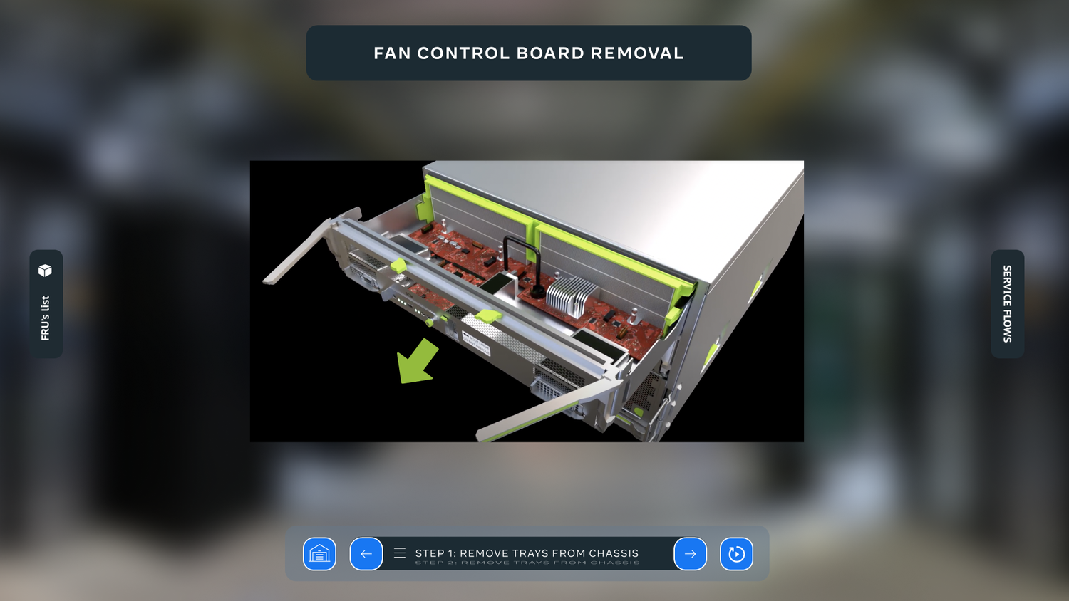 Fan control board removal step: the opened server with a green arrow showing the motion.