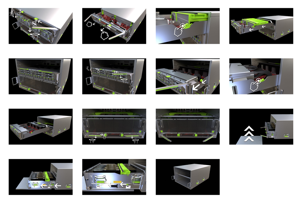 Storyboard frames for removing server units.