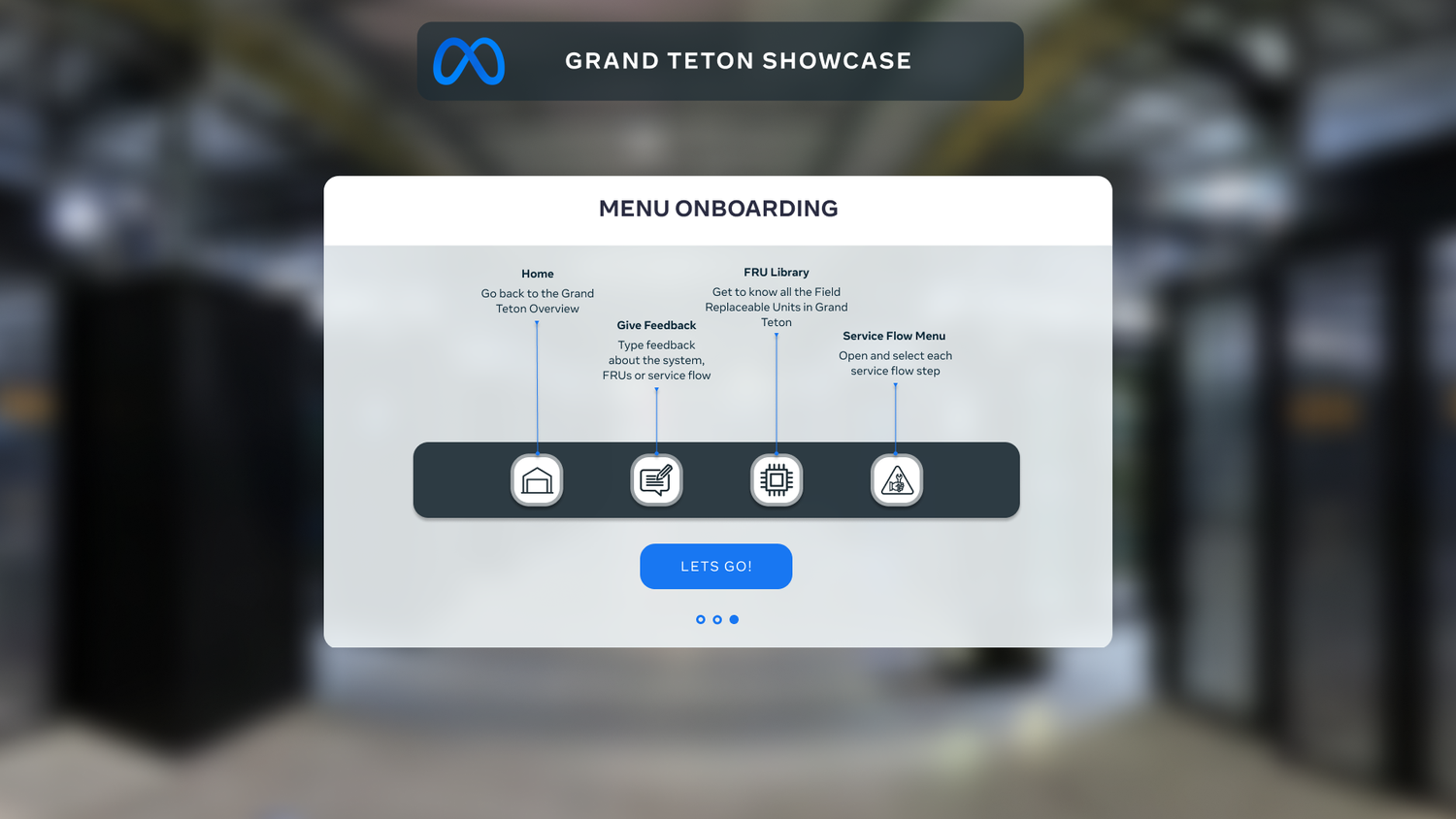 Menu onboarding panel explaining each icon in the bottom menu: home, give feedback, FRU library and service flows.