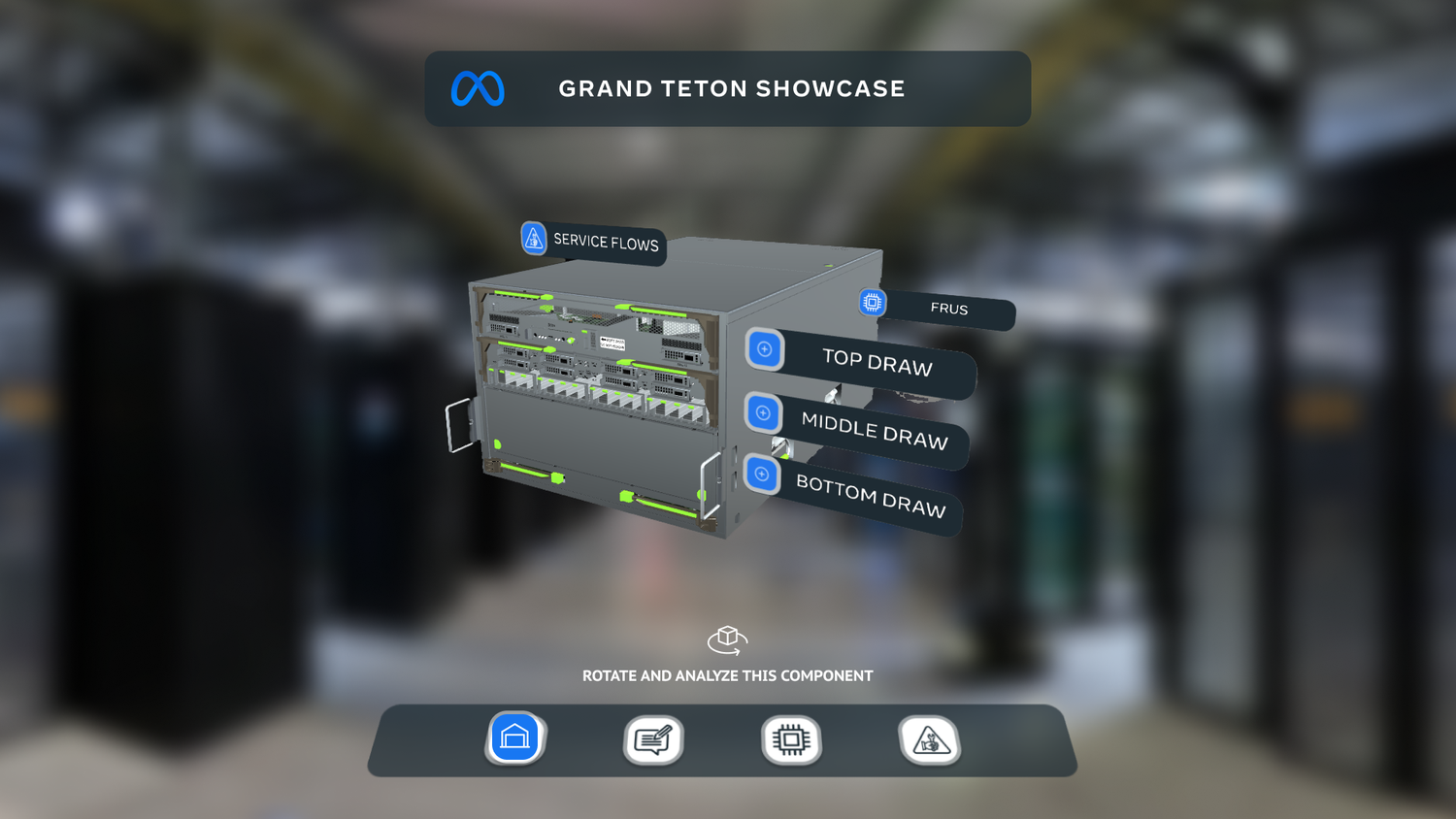 Service flows view: the server with its top, middle and bottom drawers labelled and selectable.