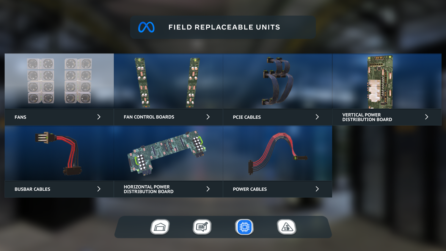 Field replaceable units library: fans, fan control boards, PCIe cables, power boards and cables as selectable cards.