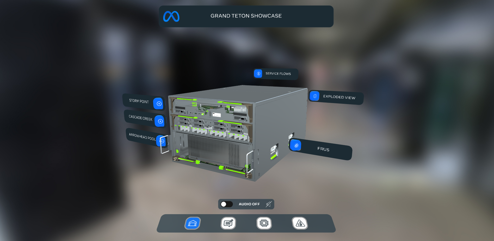 The Grand Teton Showcase in VR: a 3D Meta server floating in a data centre, with labelled hotspots for Storm Point, Cascade Creek, Arrowhead Pool, Service Flows, Exploded View and FRUs, and a menu bar below.