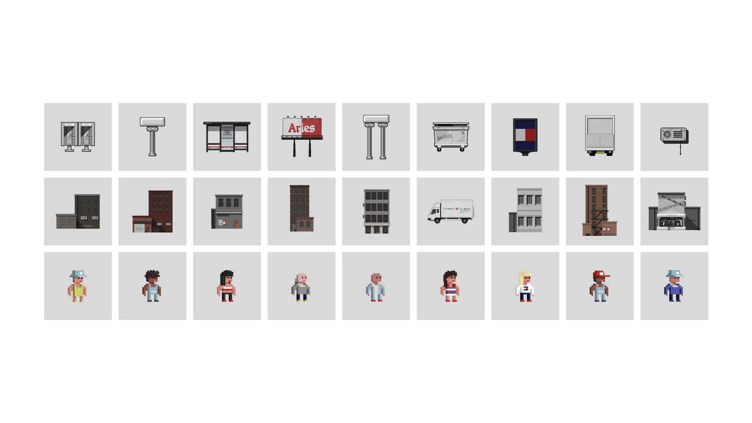 Pixel-art sprite sheet of clothing items, accessories and characters from the collection.