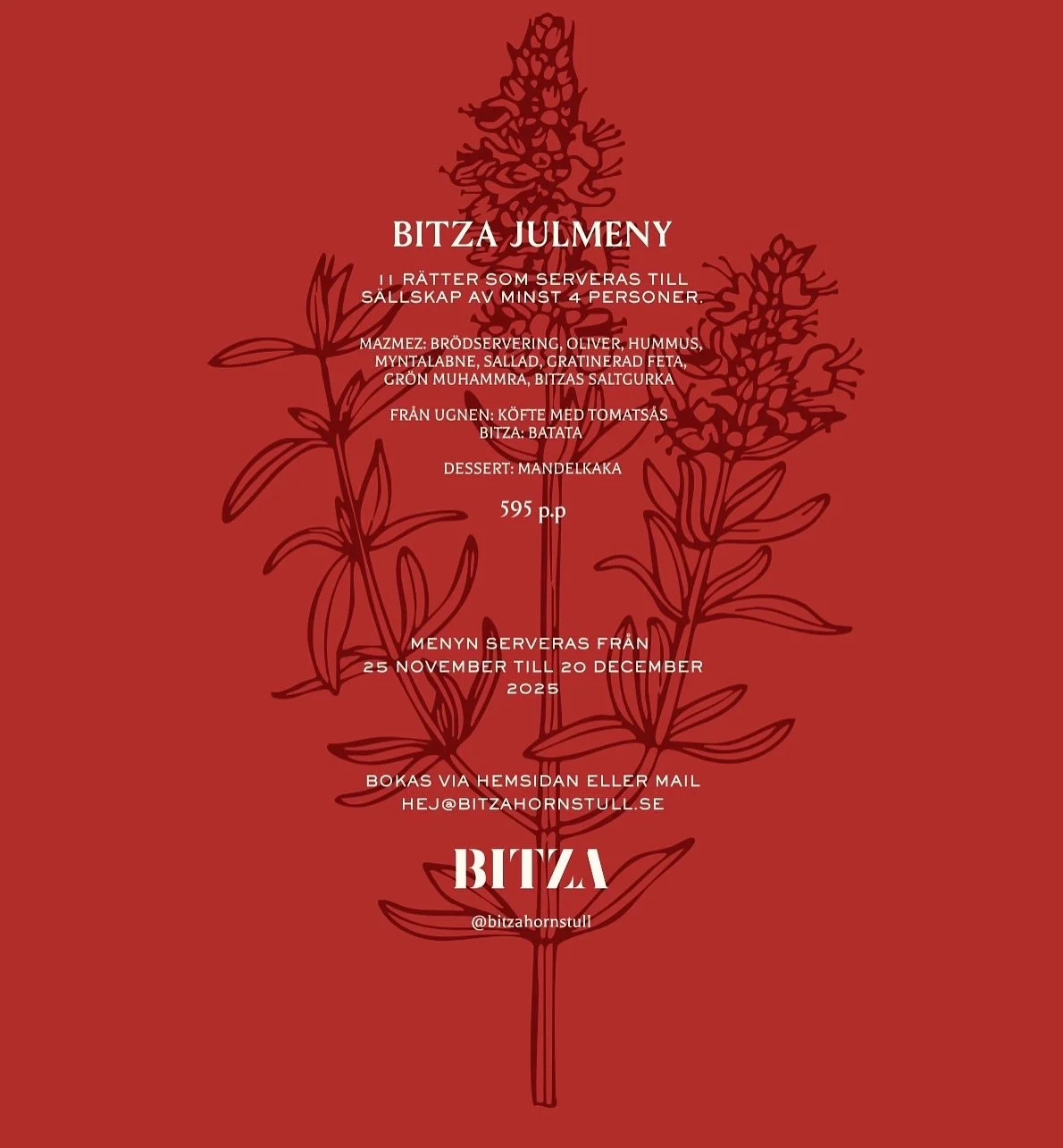 Julen n&auml;rmar sig och vi p&aring; Bitza har gjort en julmeny med smaker fr&aring;n Jesus f&ouml;delseland.

V&auml;lkomna att boka ert julbord hos oss med familj, v&auml;nner eller kollegor. Stora och sm&aring; grupper, fr&aring;n 25 november til