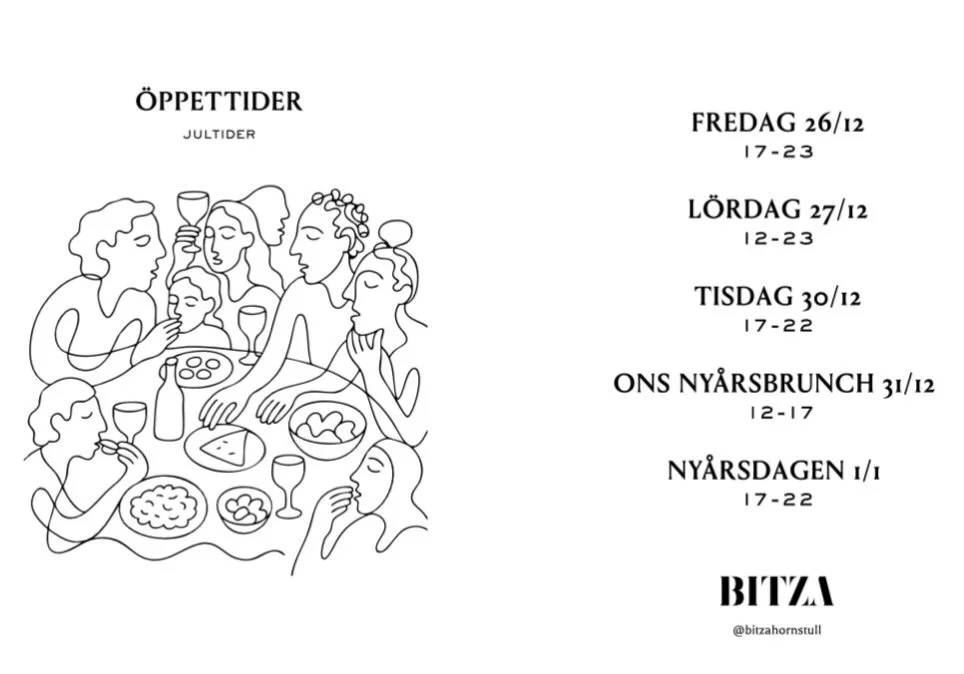 Vi p&aring; Bitza &ouml;nskar alla en god jul och god forts&auml;ttning.
V&auml;lkomna in till oss under mellandagarna och missa inte att vi har &ouml;ppet under ny&aring;rsafton 12-17 f&ouml;r en trevlig brunch f&ouml;r den som vill komma in p&aring