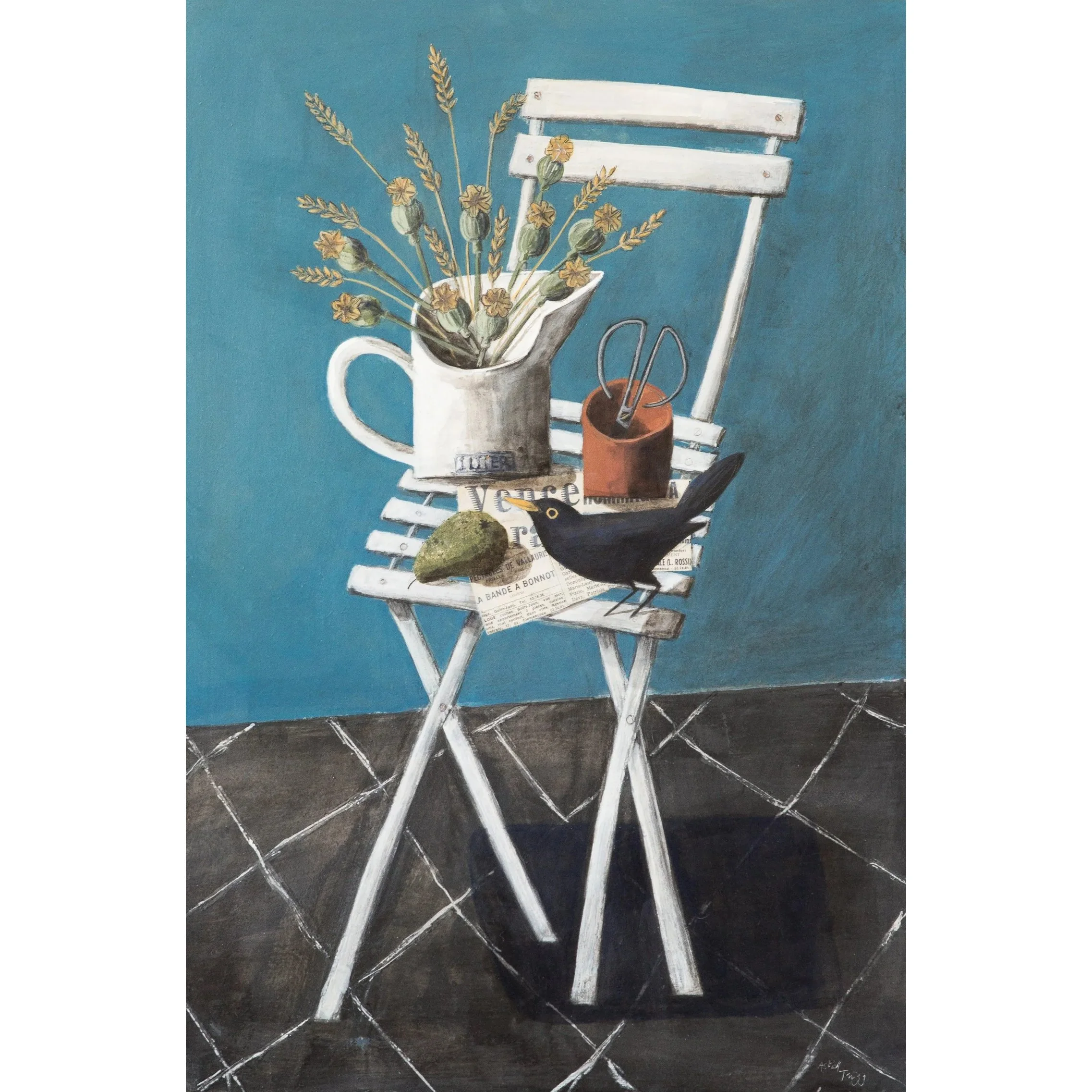 White chair with a jug, wildflowers, and studio objects against a blue background and dark tiled floor. Mixed media painting on panel by Astrid Trügg.