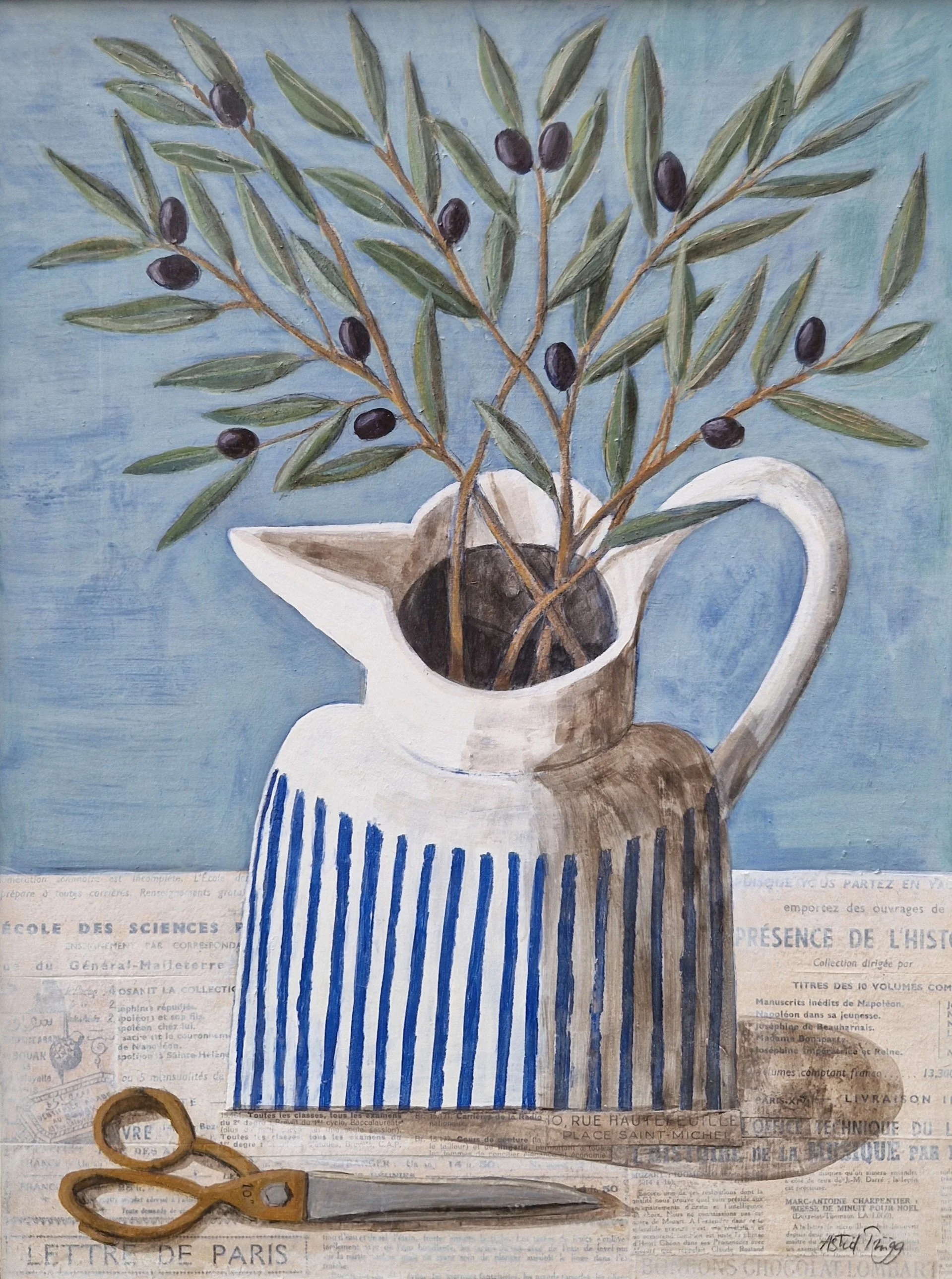 Cut olive branches with slim grey-green leaves. Mixed media still life painting on panel by Astrid Trügg.