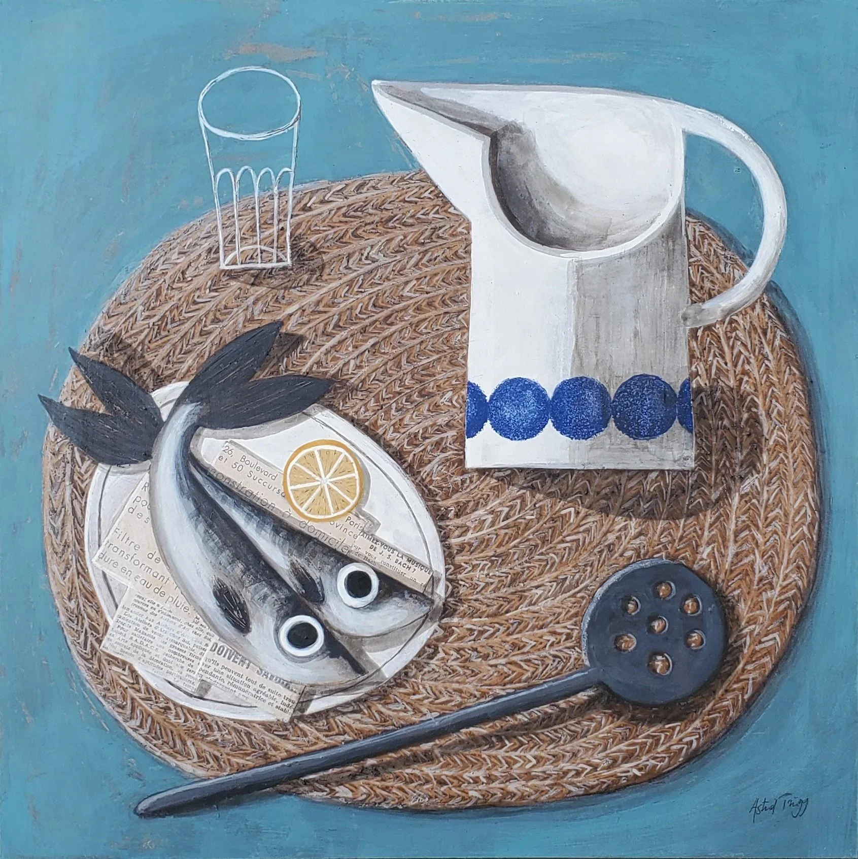 Still life with a woven tray, blue-and-white jug, glass, and sardines. Mixed media painting on panel by Astrid Trügg.