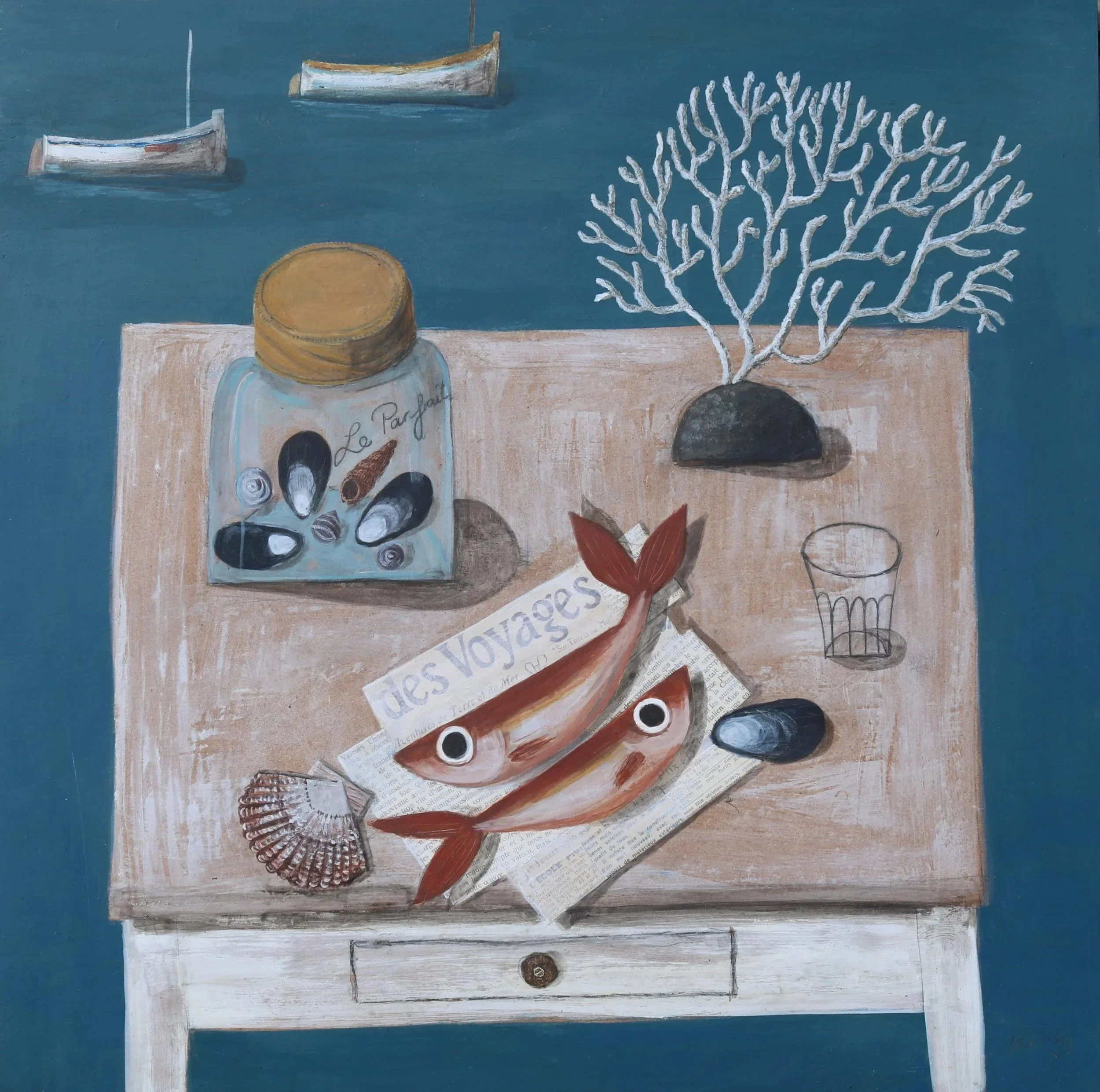 A jar of shells, two fish, and a white coral branch on a table with small boats in the sea beyond. Mixed media painting on panel by Astrid Trügg.