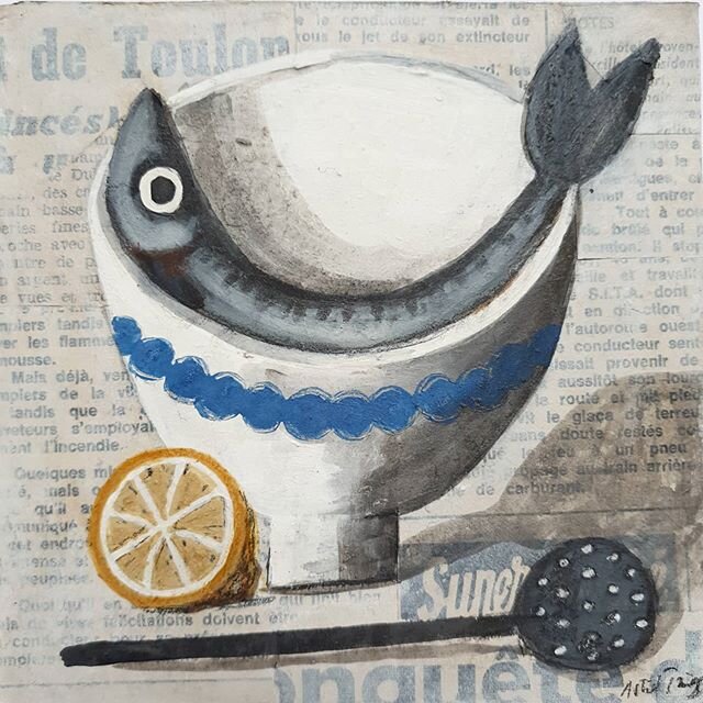 SOLD ***Next up for #artistsupportpledge is this little painting 'Fish and lemon'. Another subject I love to paint, a small version this time. It measures 120x120mm, gesso, dey pigments, collage and graphite on board. &pound;200 + shipping. 
The #art