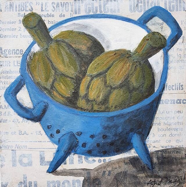 This little painting 'Artichokes' is next up for #artistsupportpledge 
One of my very favourite things to eat! Preferably bought on a French or Italian  food market, strolling along the stalls in the sunshine, stopping for a coffee.....
Anyway. 
It m