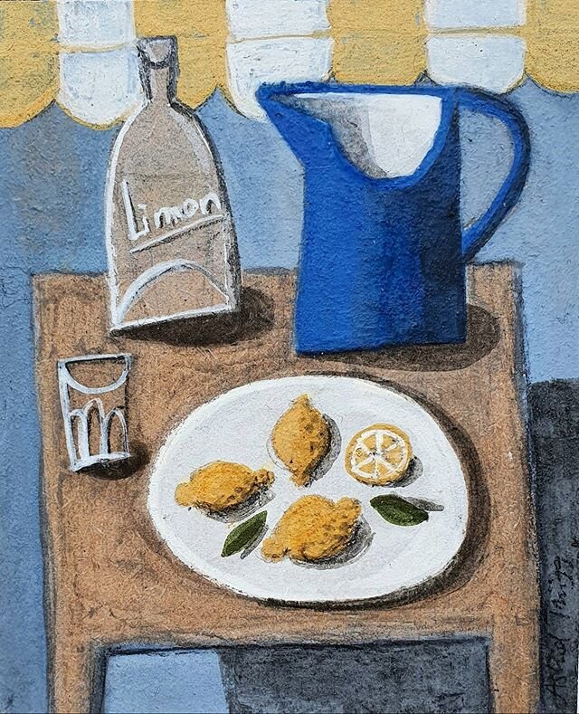 ***SOLD***Mediterranean thoughts II is next up for #artistsupportpledge 
I do love painting a blue jug! 
It measures 120x100mm, dry pigments, gesso, graphite and beeswax on board. &pound;195 &times; shipping.
10% of this sale I will donate to @action