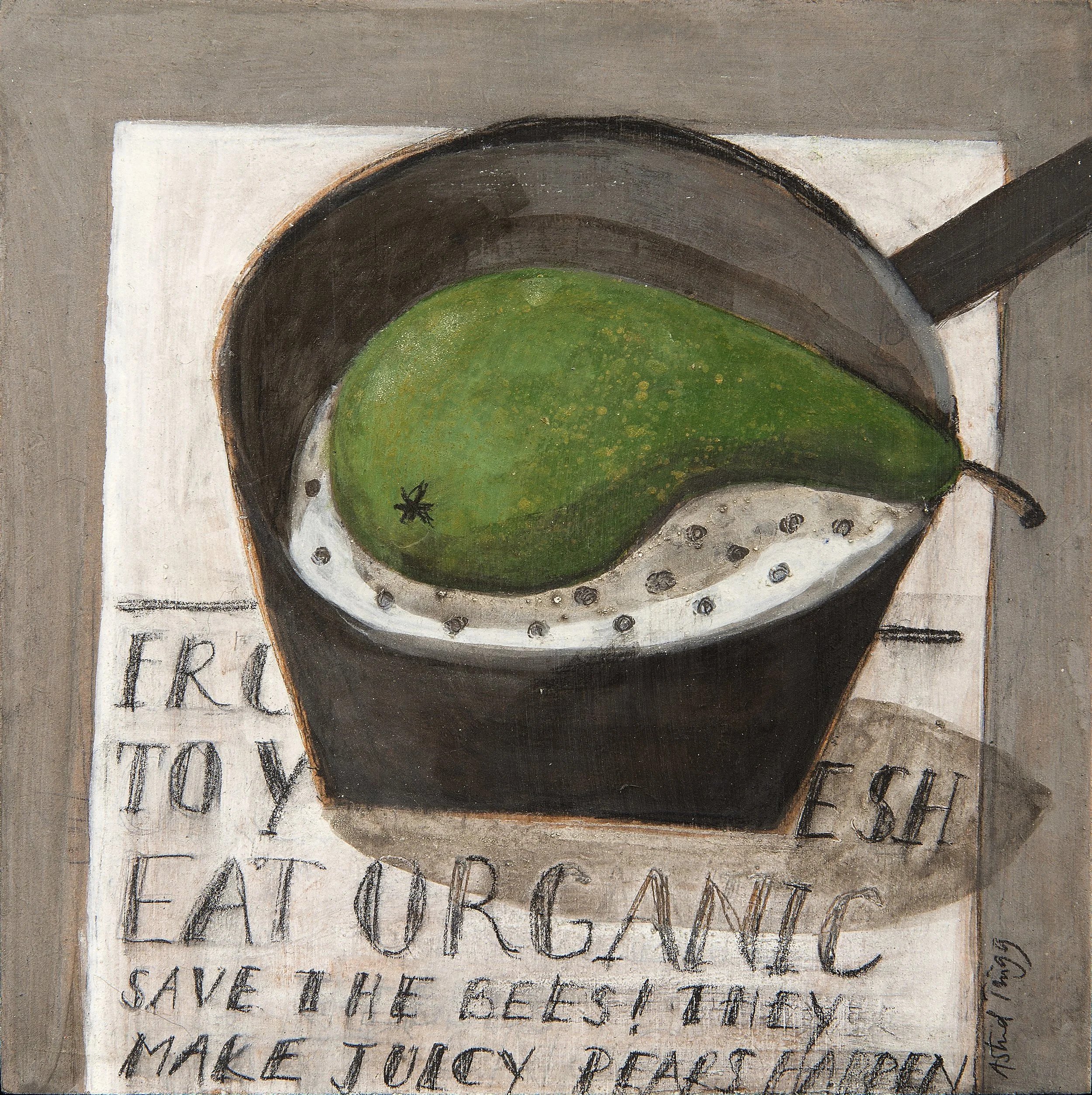 A green pear in a dark pan on a tabletop over printed text. Mixed media painting on panel by Astrid Trügg.