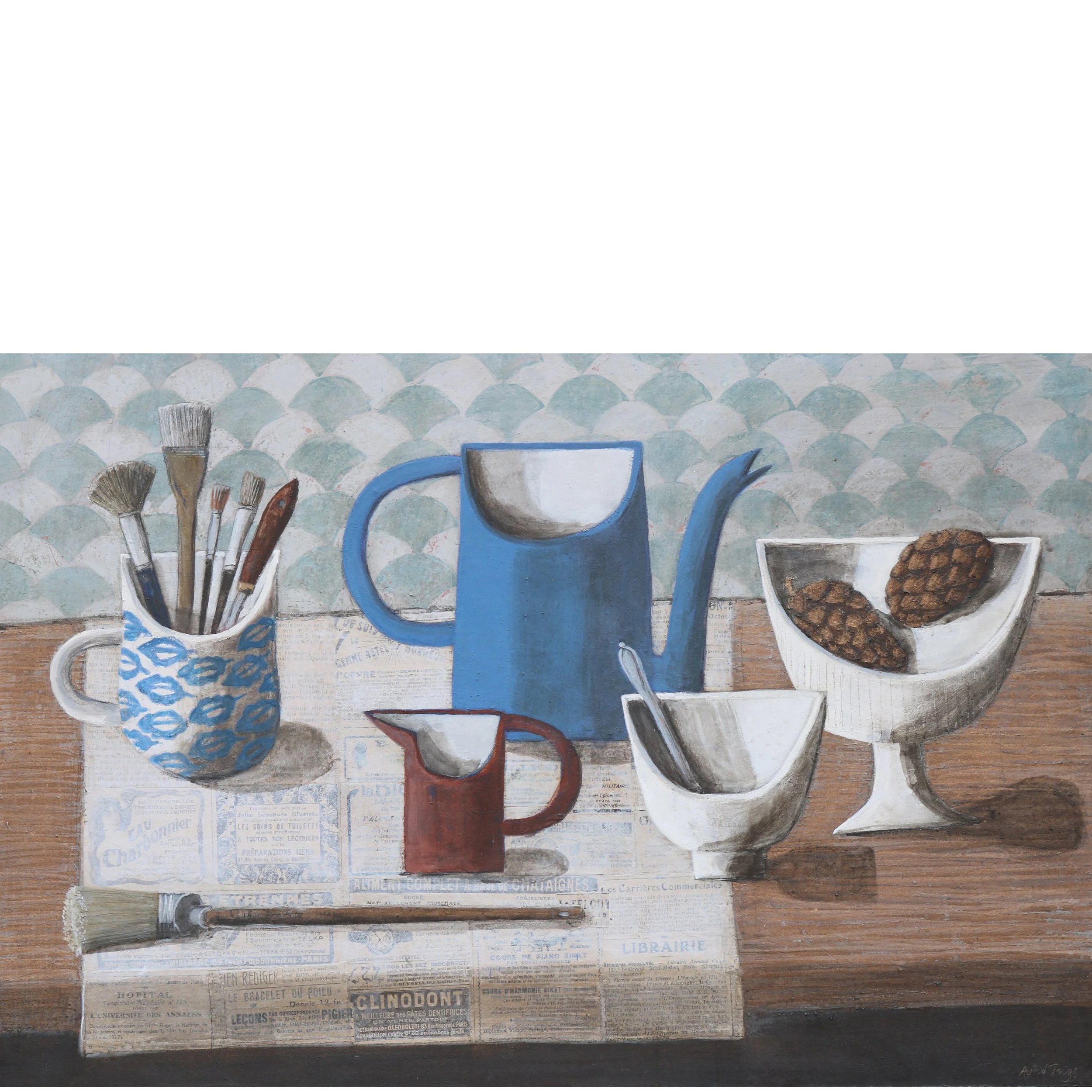 Studio still life with a blue coffee pot, brushes in a mug, a red jug, a bowl of pinecones, and a paintbrush on newspaper. Mixed media painting on panel by Astrid Trügg.