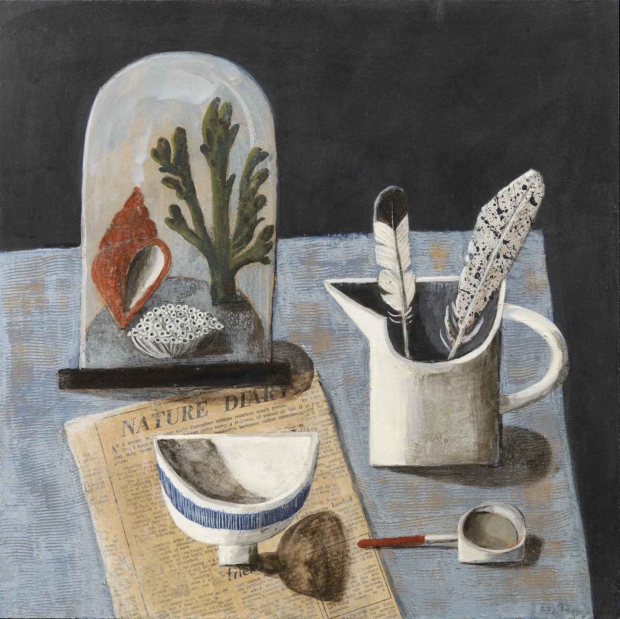 Coastal finds under a glass dome with feathers, a shell, and seaweed on a table. Mixed media painting on panel by Astrid Trügg.
