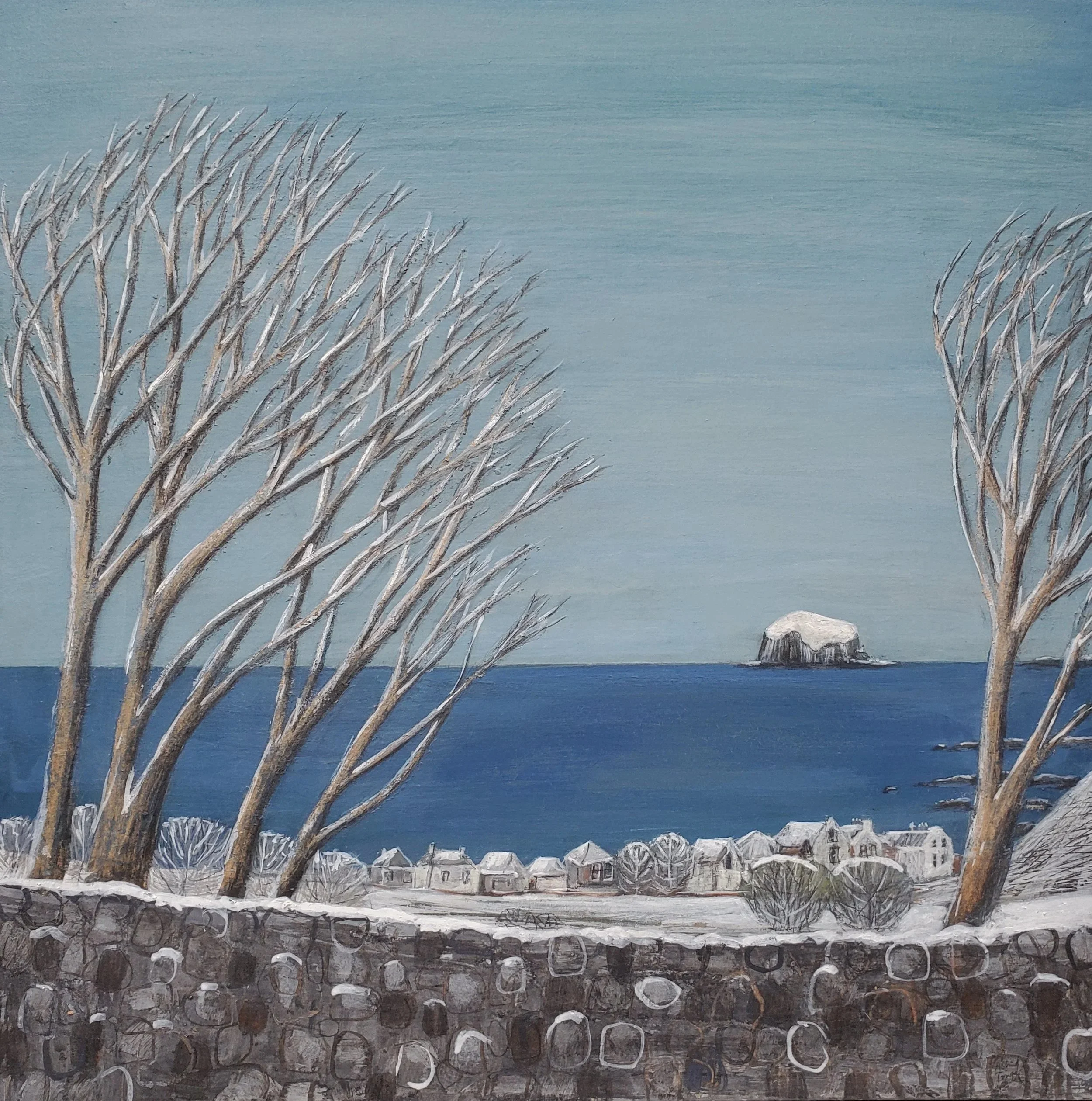 Snowy coastal view with bare trees, a low island and deep blue sea. Mixed media painting on panel by Astrid Trügg.