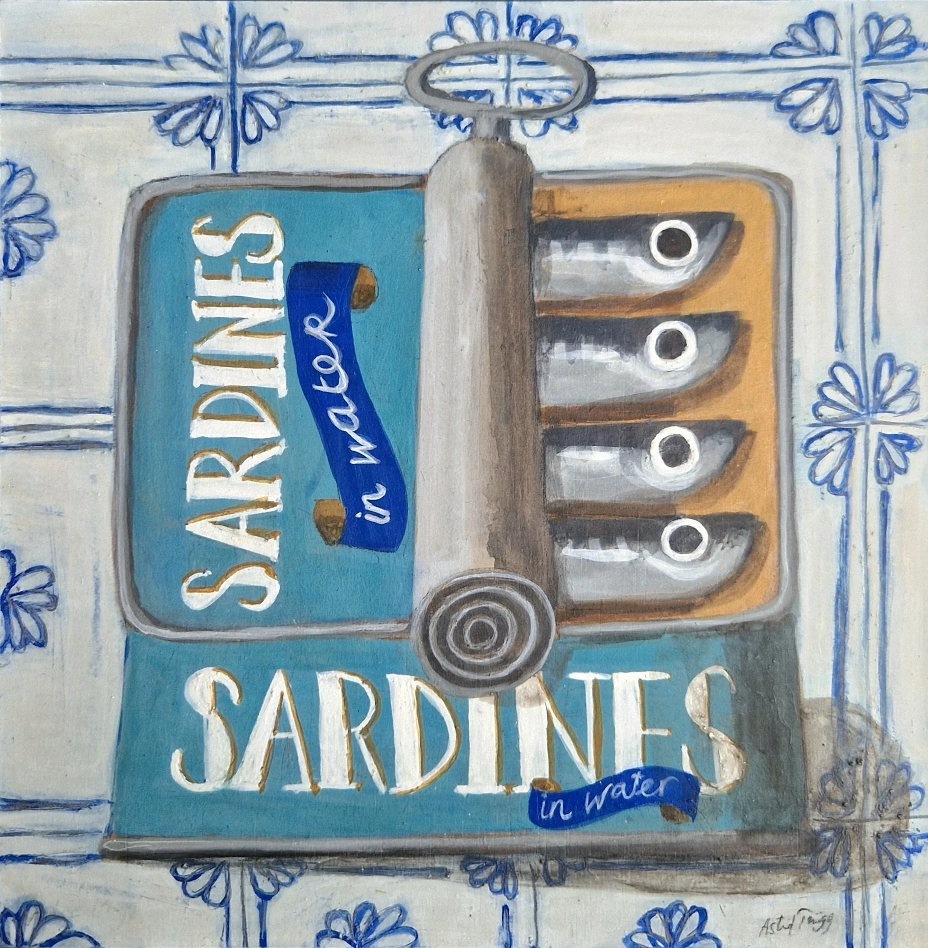 An opened sardine tin marked “Sardines in water” against blue and white kitchen tiles. Mixed media still life painting on panel by Astrid Trügg.