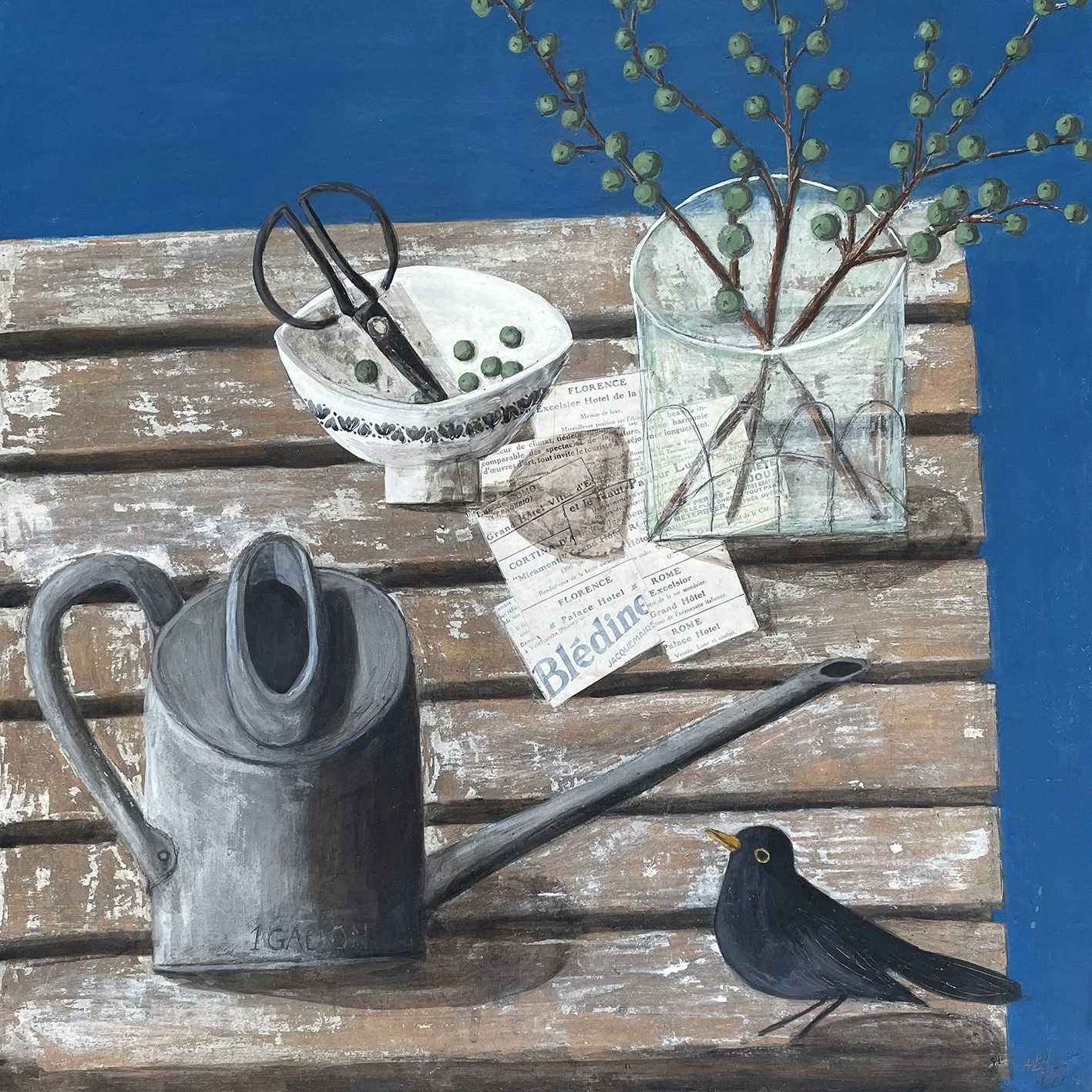 A galvanised watering can, a glass jar of green berries and a blackbird on a weathered garden table with collaged travel papers. Mixed media still life painting on panel by Astrid Trügg.