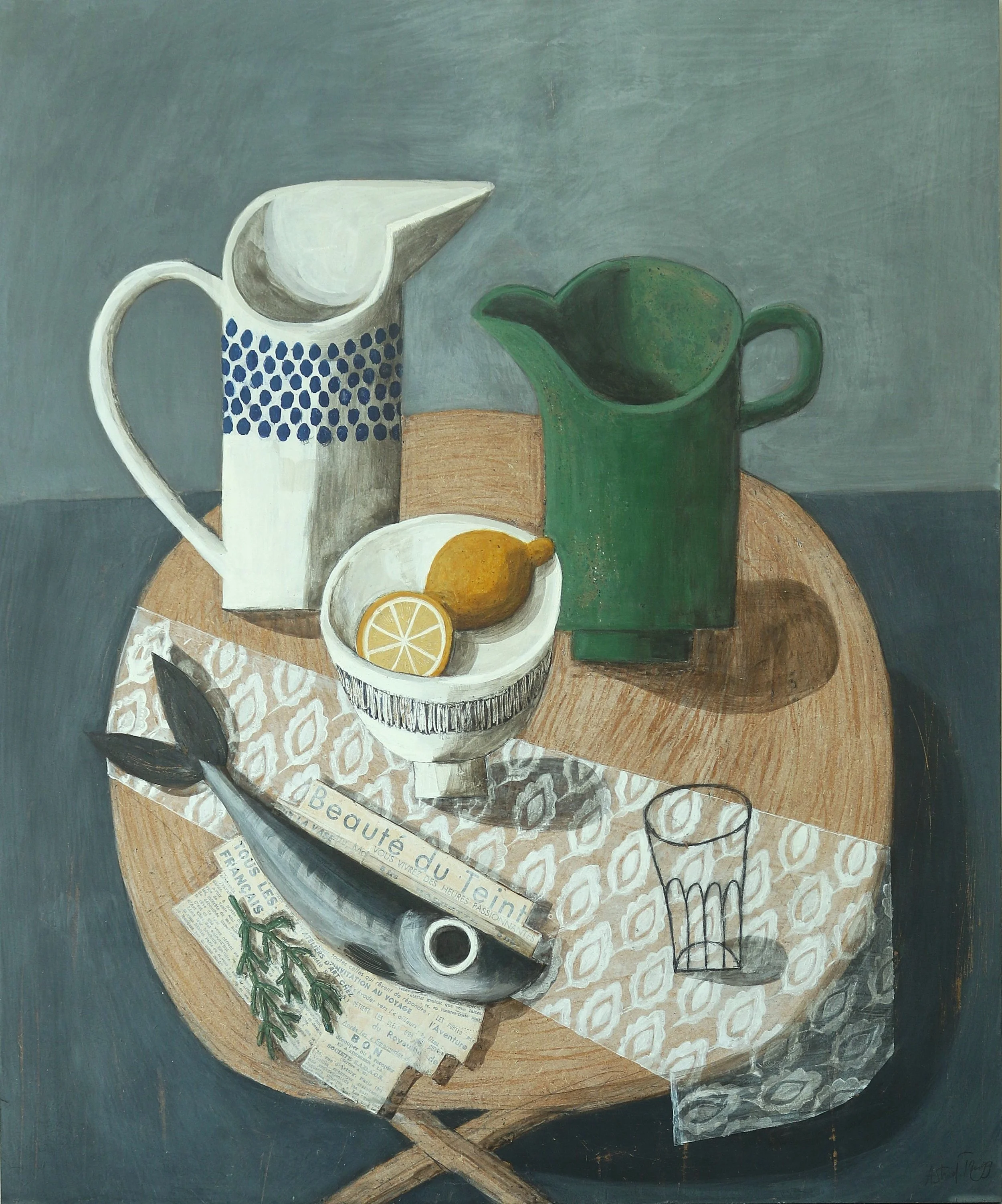 A mackerel on samphire with two jugs and a lemon. Hand-signed giclée print by Astrid Trügg.
