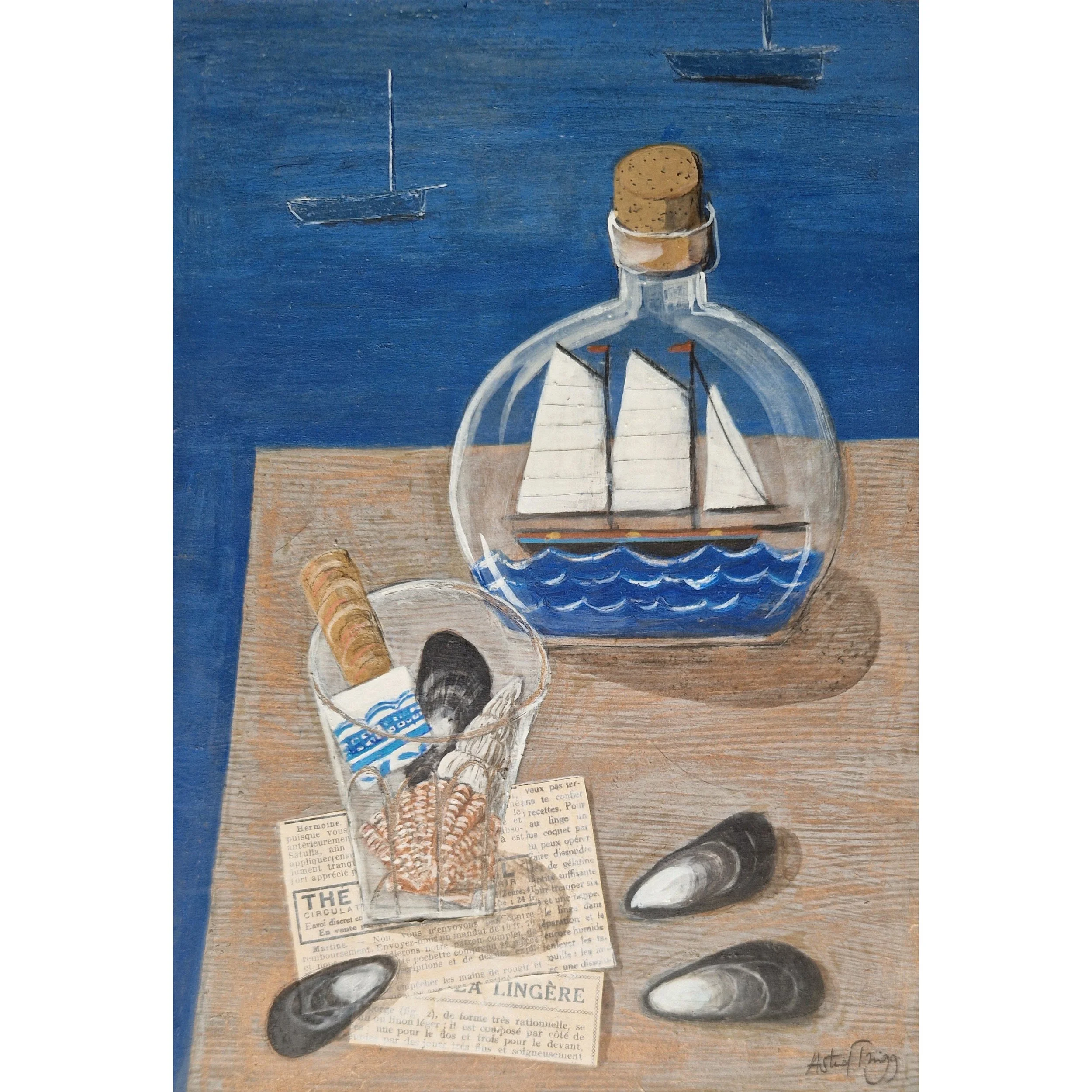 A ship in a glass bottle, shells and mussel shells by the sea. Mixed media still life on panel by Astrid Trügg.