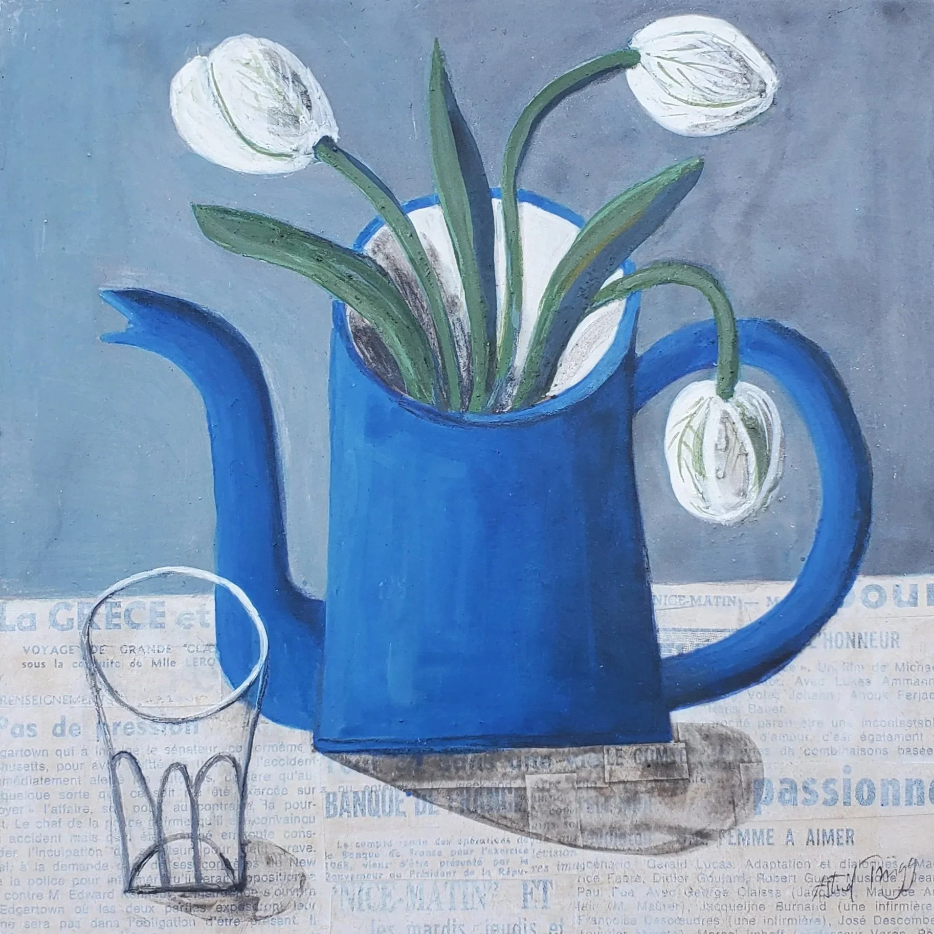Blue coffee pot with white tulips and a small glass on a table. Mixed media still life painting on panel by Astrid Trügg.