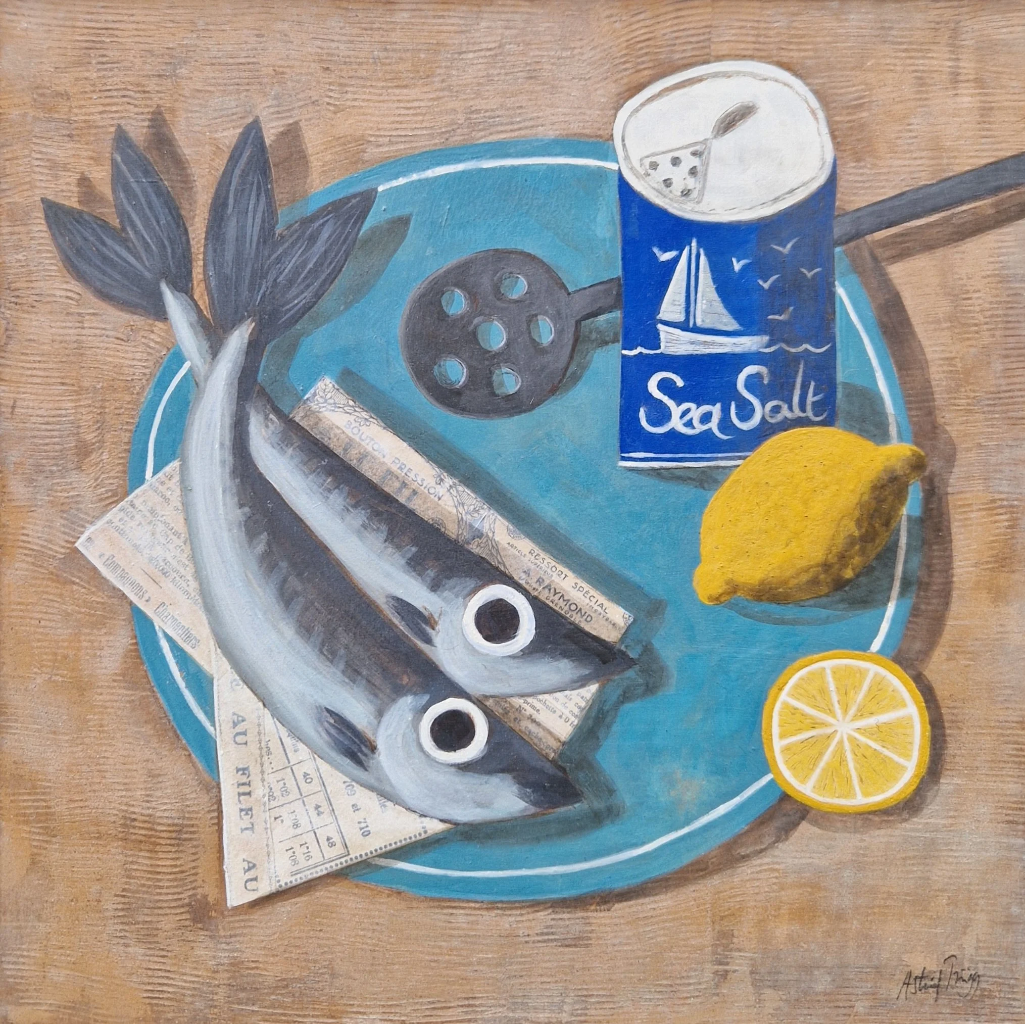 Two mackerel on a turquoise plate with a sea salt tin, lemon and slotted spoon on a wooden table. Mixed media still life painting on panel by Astrid Trügg.