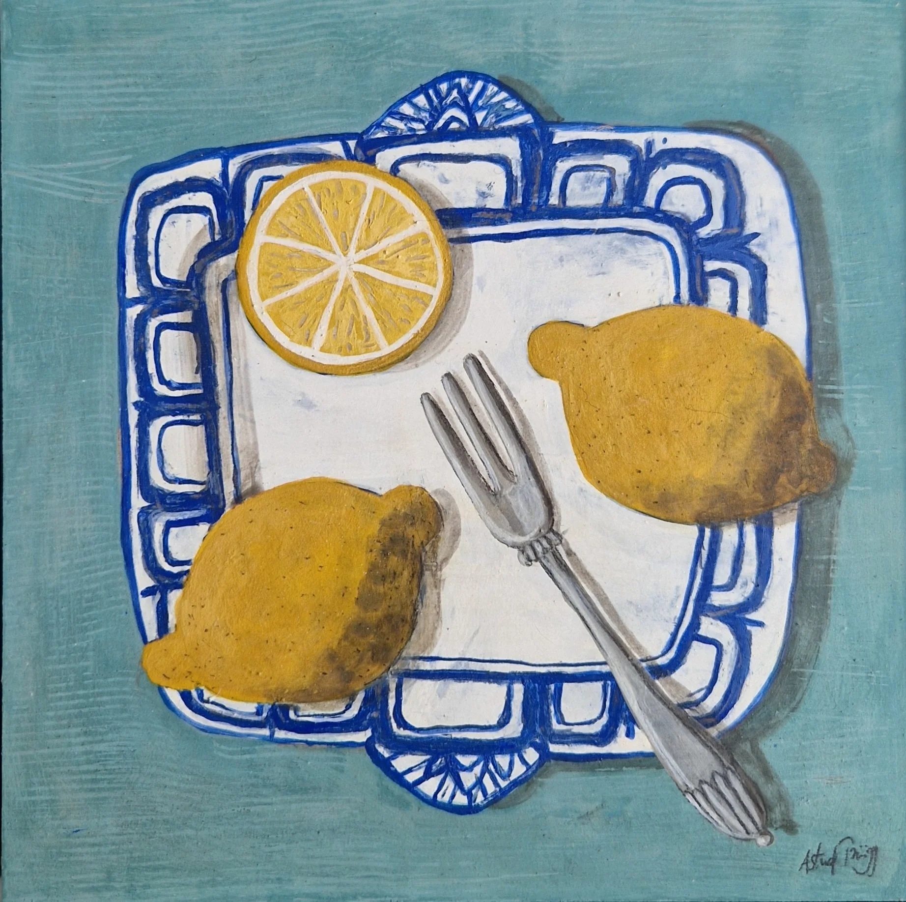 Two lemons and a cut half on a blue and white plate with a silver fork on a soft green ground. Mixed media still life painting on panel by Astrid Trügg.