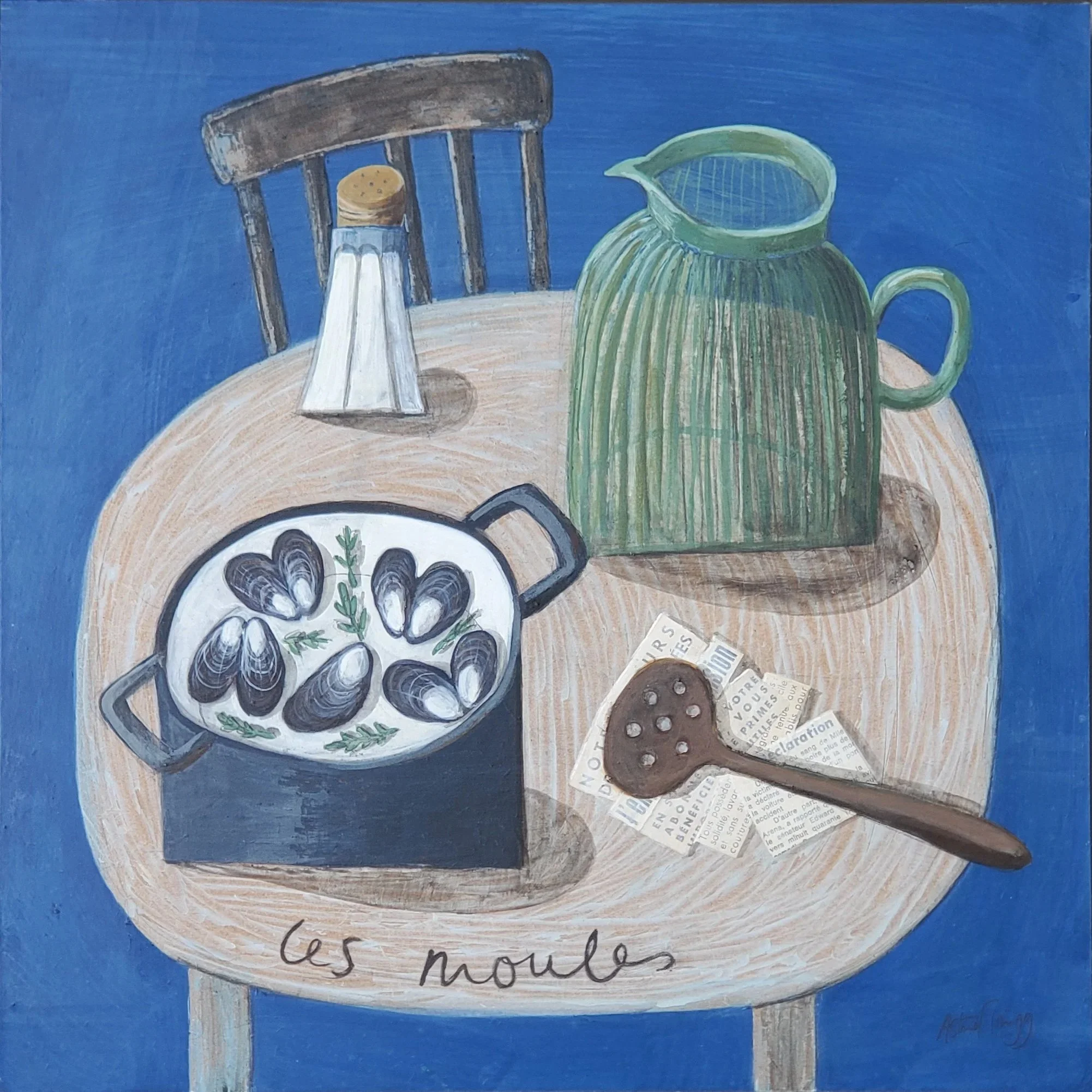 Still life with a pot of mussels, a green jug, a salt cellar, and a wooden spoon on a round table. Mixed media painting on panel by Astrid Trügg.
